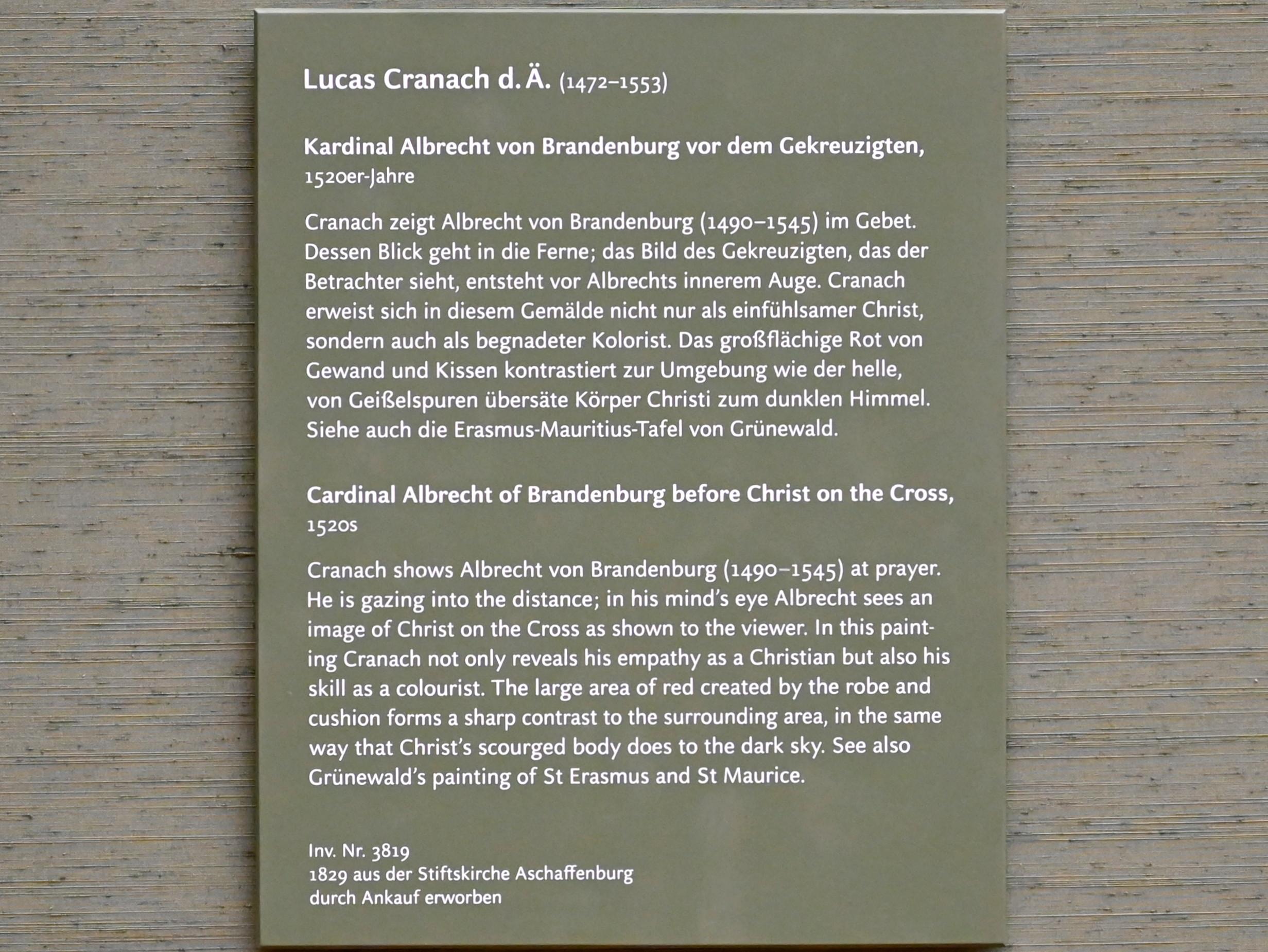 Lucas Cranach der Ältere (1502–1550), Kardinal Albrecht von Brandenburg vor dem Gekreuzigten, München, Alte Pinakothek, Obergeschoss Saal II, 1521–1529, Bild 2/2