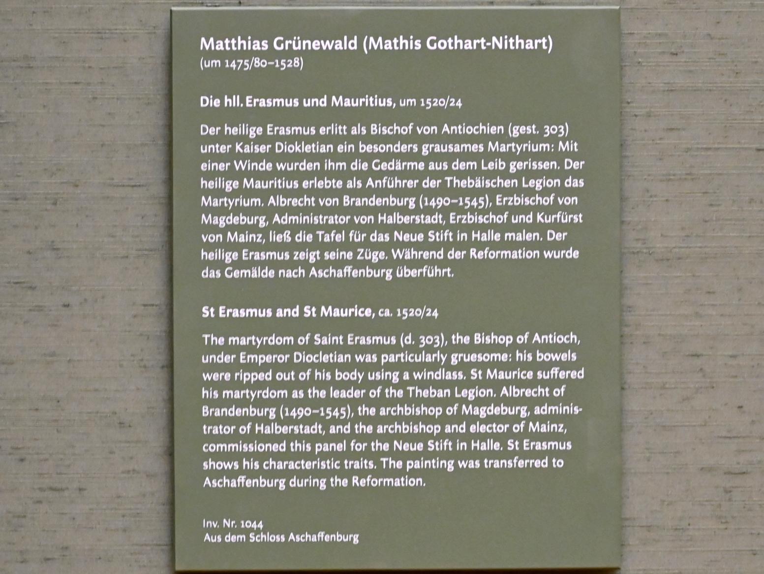 Matthias Grünewald (Mathis Gothart-Nithart) (1500–1528), Die hll. Erasmus und Mauritius, München, Alte Pinakothek, Obergeschoss Saal II, um 1520–1524, Bild 2/2