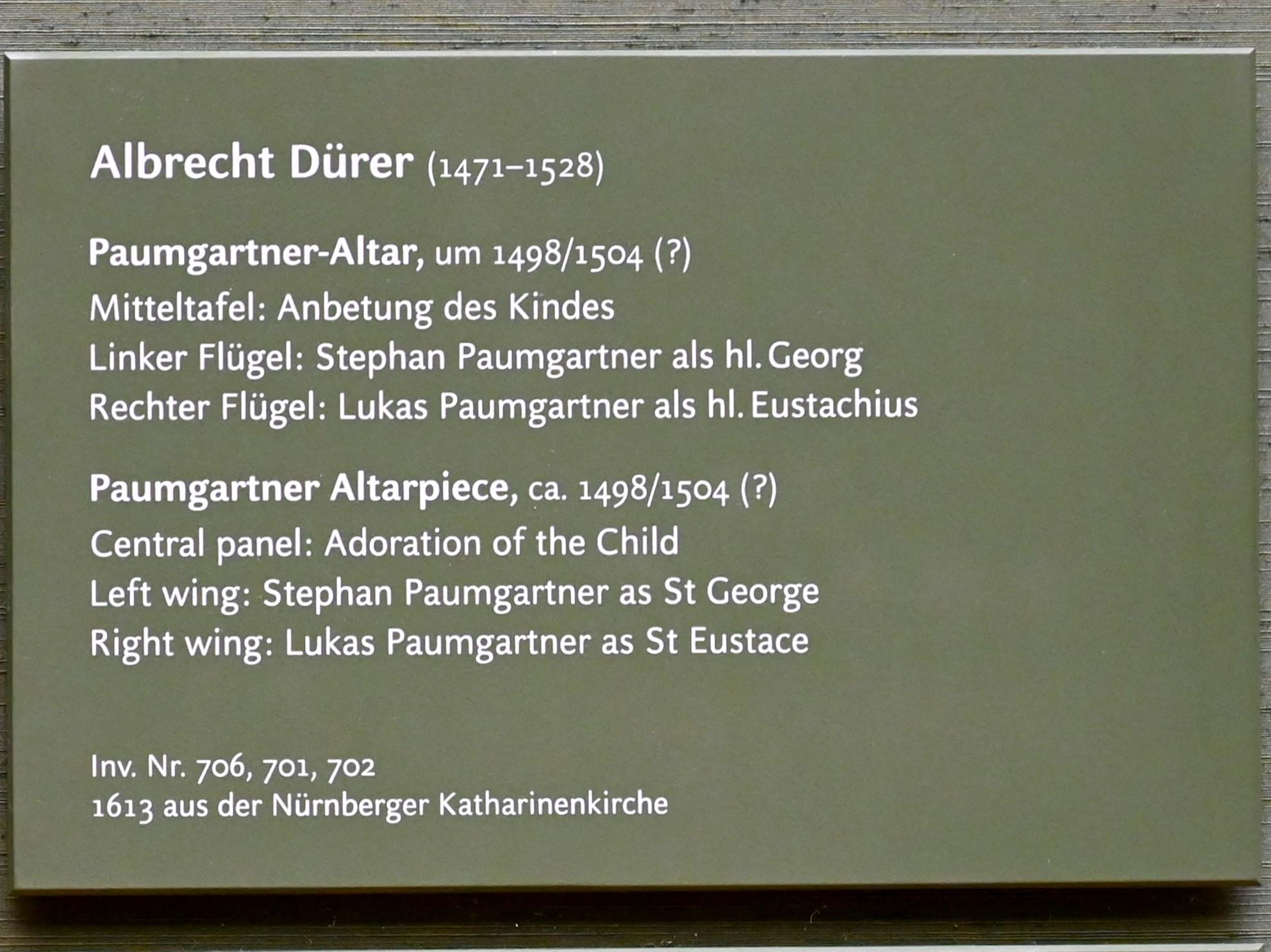 Albrecht Dürer (1490–1526), Paumgartner-Altar, Nürnberg, ehem. Dominikanerinnenkloster St. Katharina, jetzt München, Alte Pinakothek, Obergeschoss Saal II, um 1498–1504, Bild 2/3