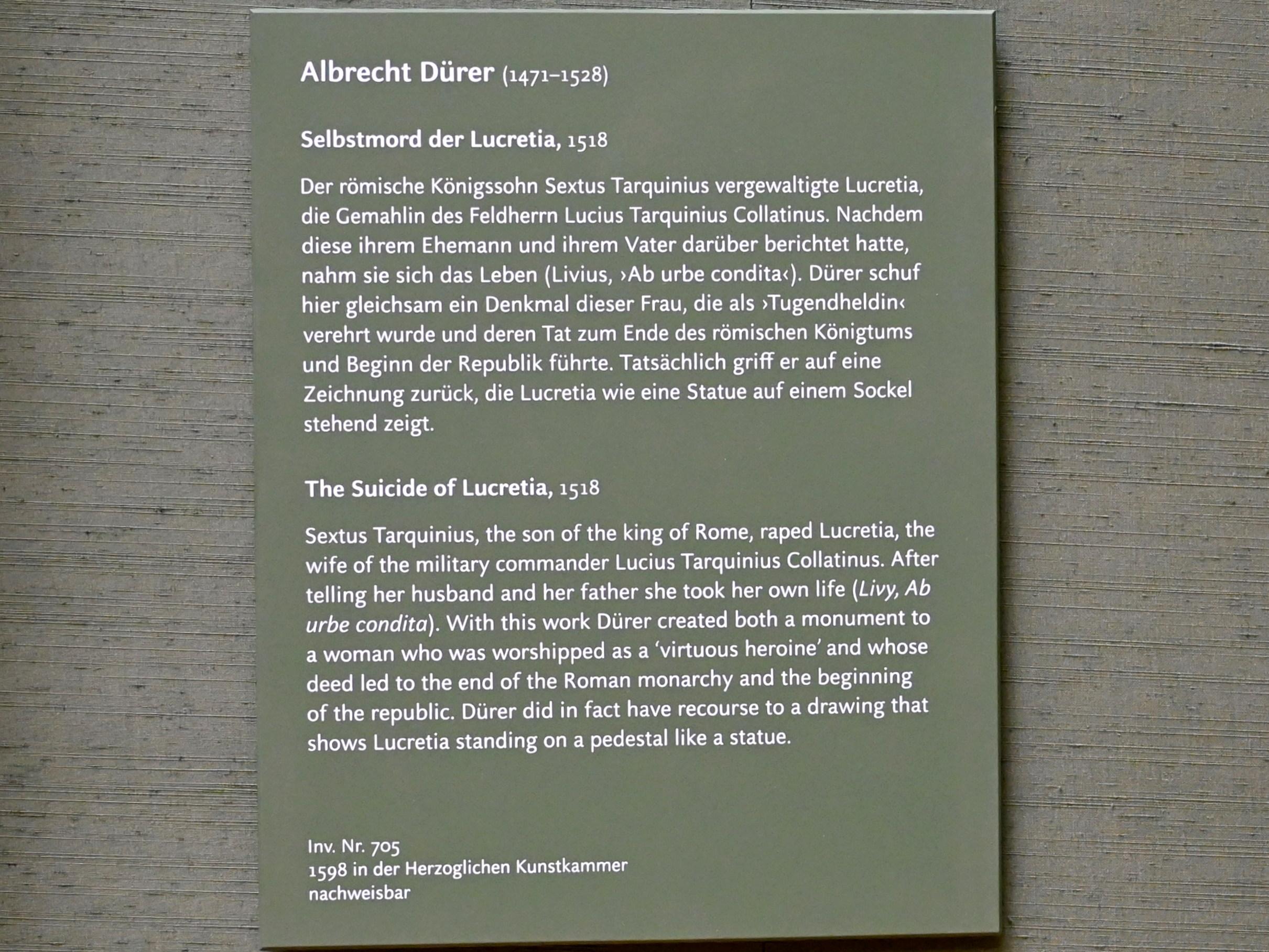Albrecht Dürer (1490–1526), Selbstmord der Lucretia, München, Alte Pinakothek, Obergeschoss Saal II, 1518, Bild 2/2