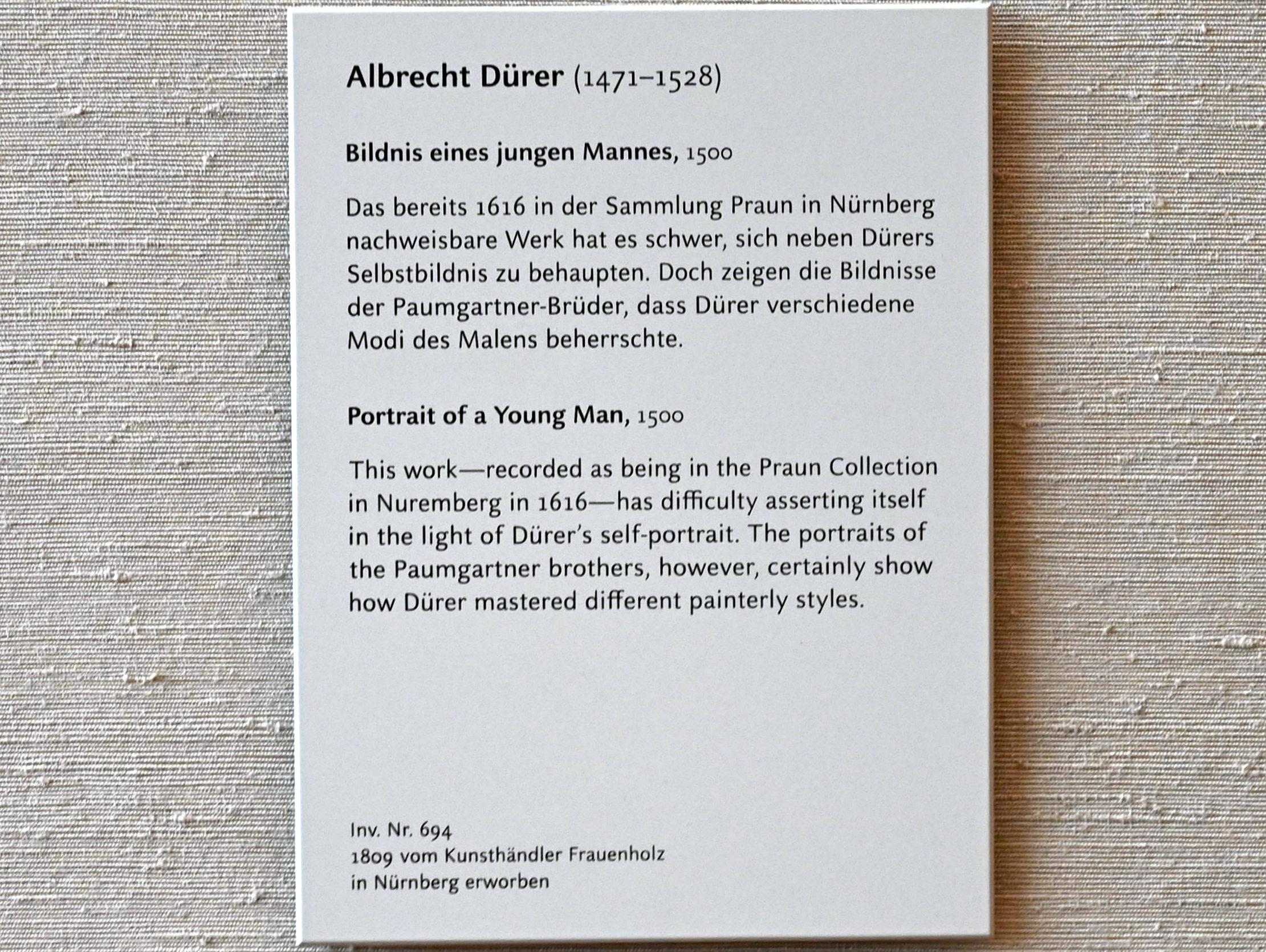 Albrecht Dürer (1490–1526), Bildnis eines jungen Mannes, München, Alte Pinakothek, Obergeschoss Saal IIb, 1500, Bild 2/2