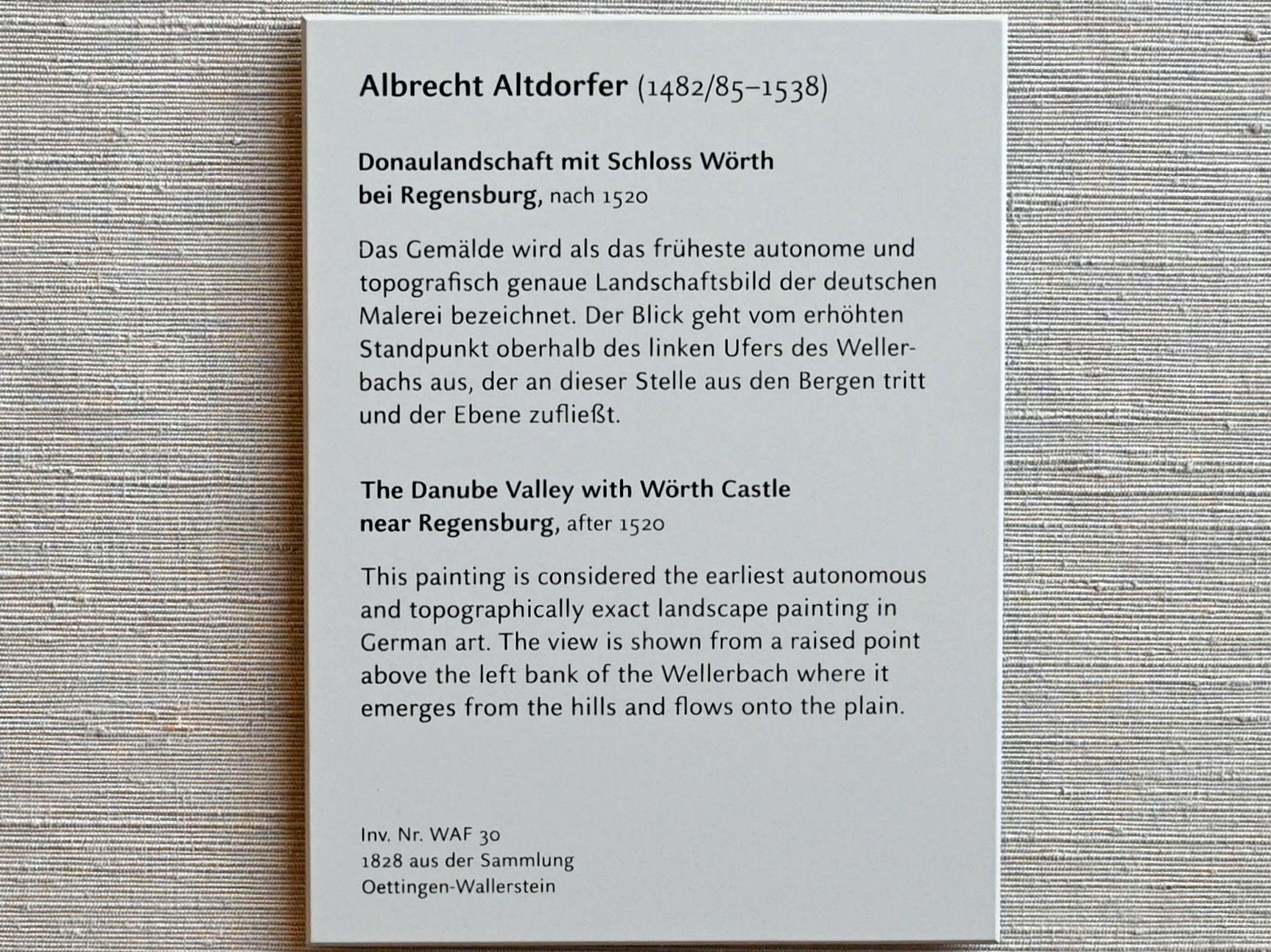 Albrecht Altdorfer (1507–1537), Donaulandschaft mit Schloss Wörth bei Regensburg, München, Alte Pinakothek, Obergeschoss Saal IIb, nach 1520, Bild 2/2