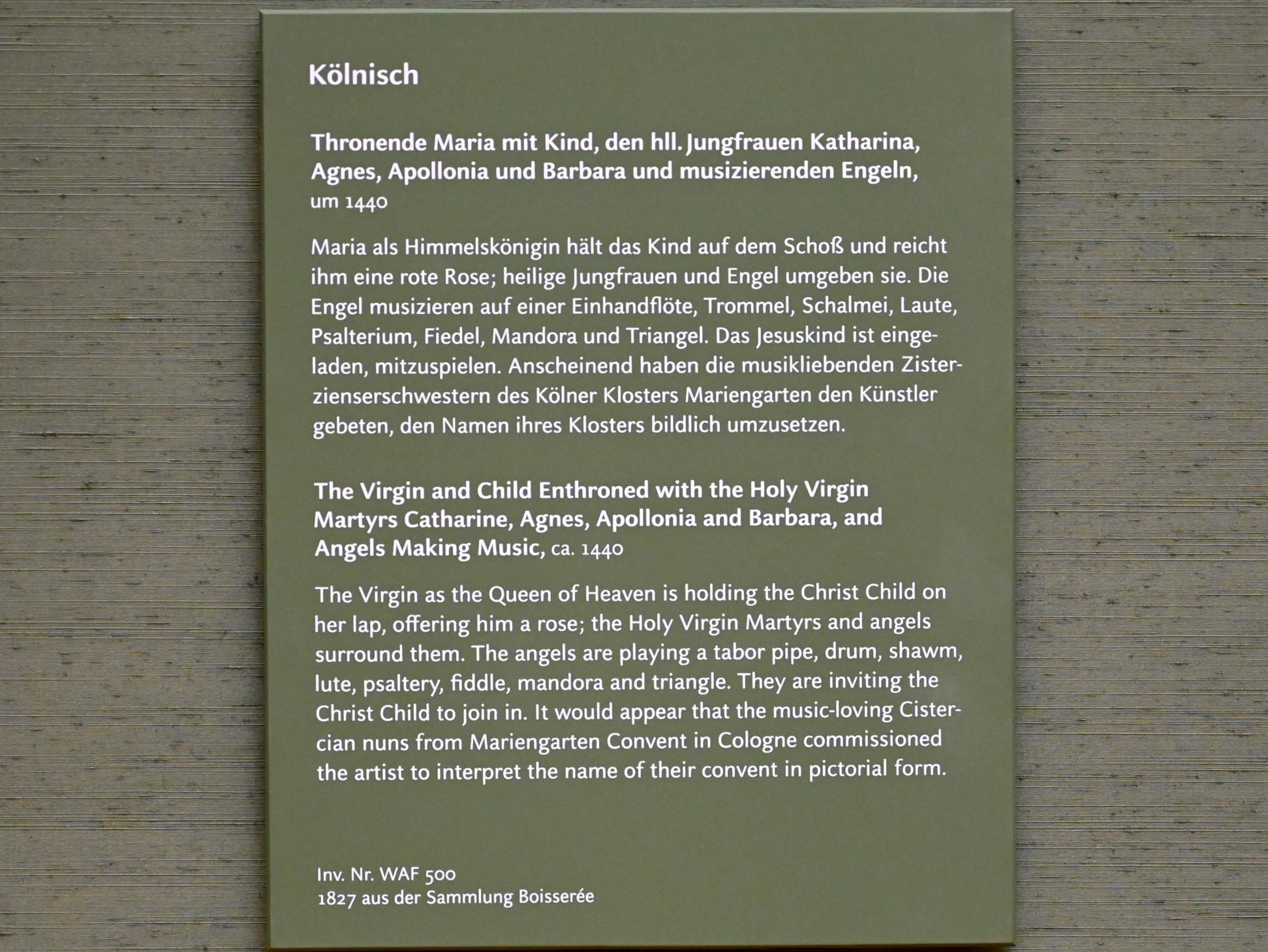 Thronende Maria mit Kind, den hll. Jungfrauen Katharina, Agnes, Apollonia und Barbara und musizierenden Engeln, München, Alte Pinakothek, Obergeschoss Saal III, um 1440, Bild 2/2