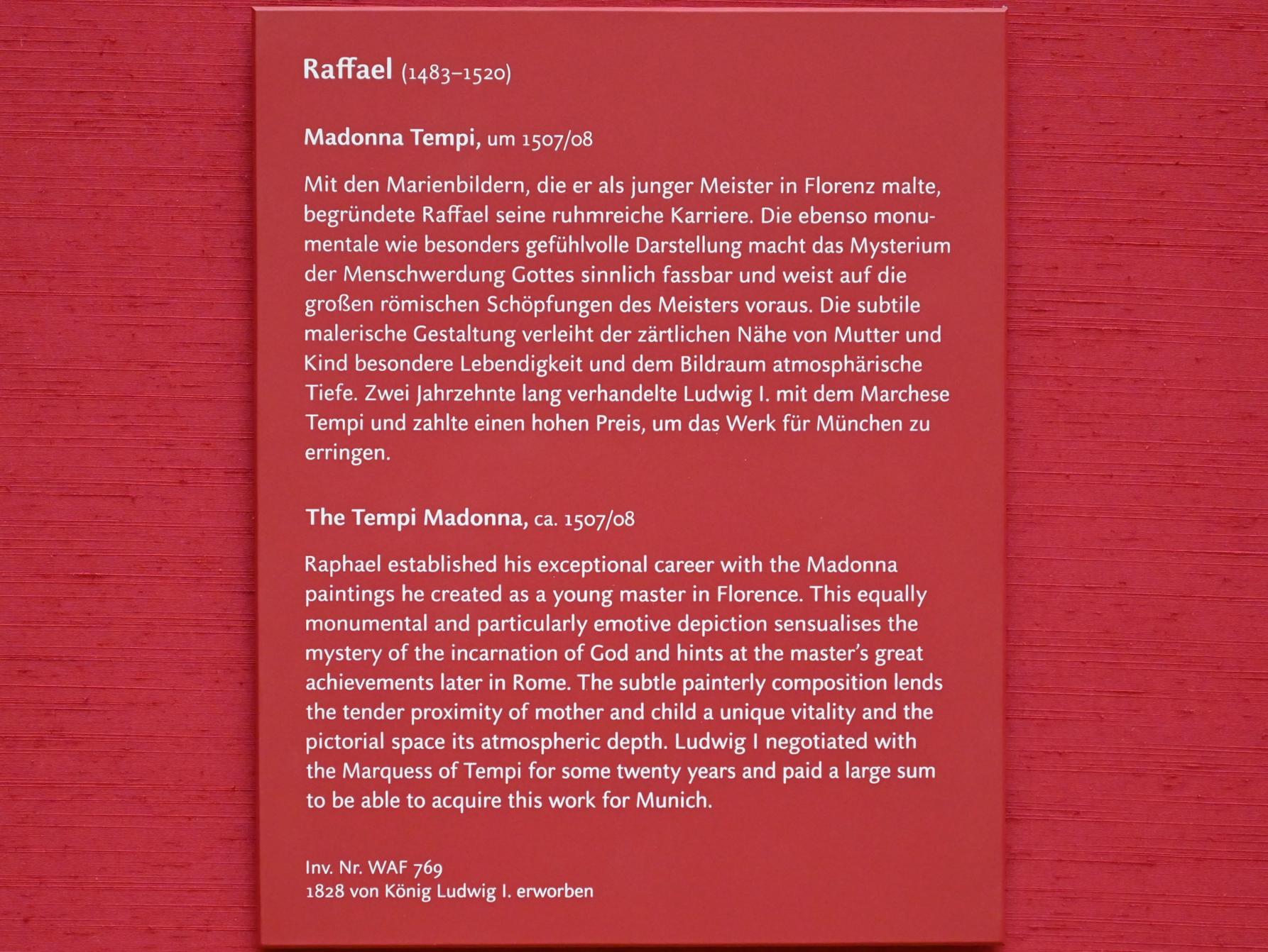 Raffael (Raffaello Sanzio da Urbino, Raffaello Santi) (1501–1519), Madonna Tempi, München, Alte Pinakothek, Obergeschoss Saal IV, um 1507–1508, Bild 2/2