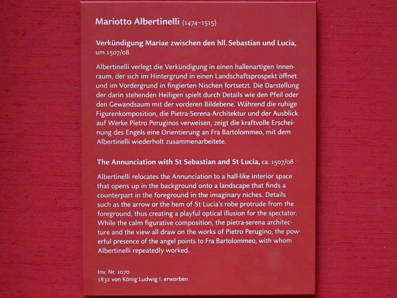 Mariotto Albertinelli (1506–1511), Verkündigung Mariae zwischen den hll. Sebastian und Lucia, München, Alte Pinakothek, Obergeschoss Saal IV, um 1507–1508, Bild 2/2