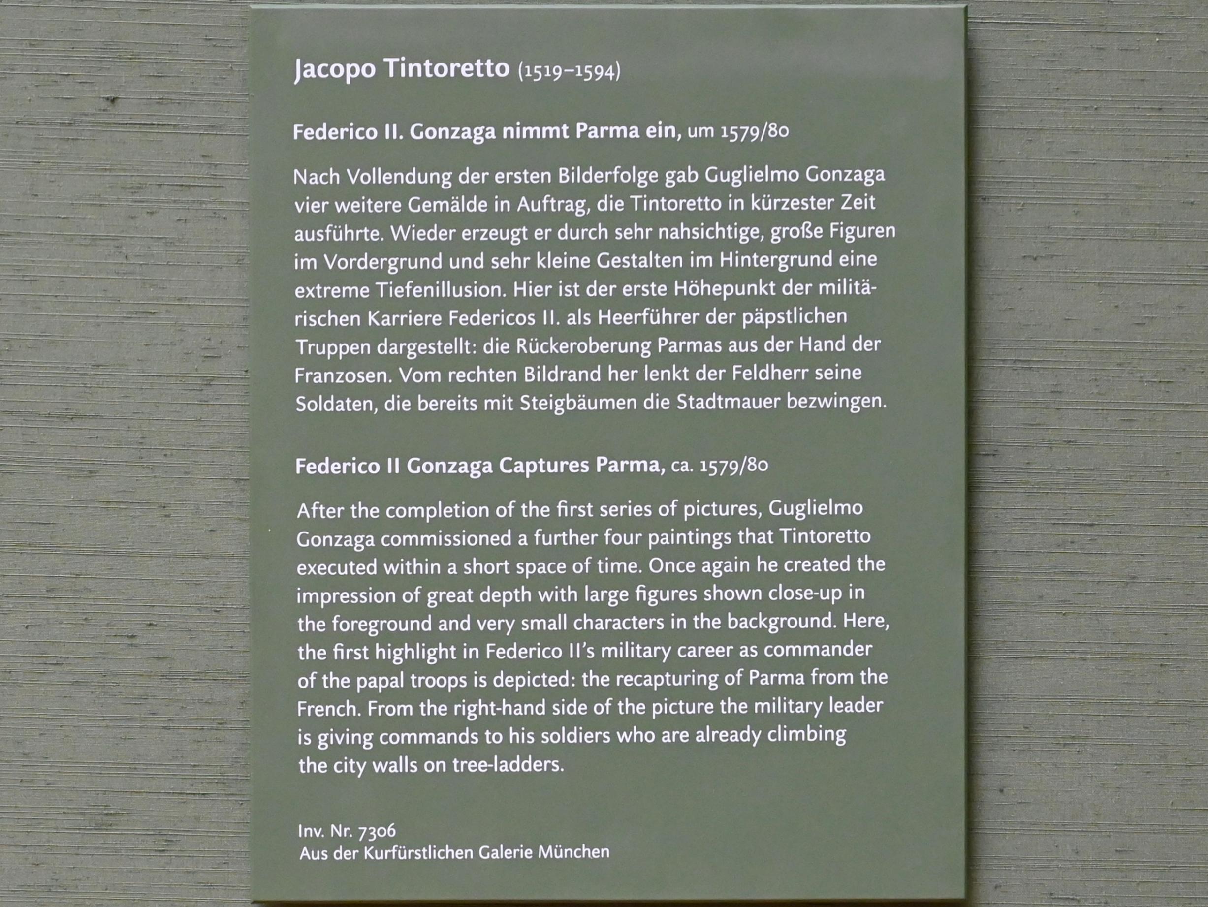 Tintoretto (Jacopo Robusti) (1540–1590), Federico II. Gonzaga nimmt Parma ein, Mantua, Palazzo Ducale, jetzt München, Alte Pinakothek, Obergeschoss Saal V, um 1579–1580, Bild 2/2