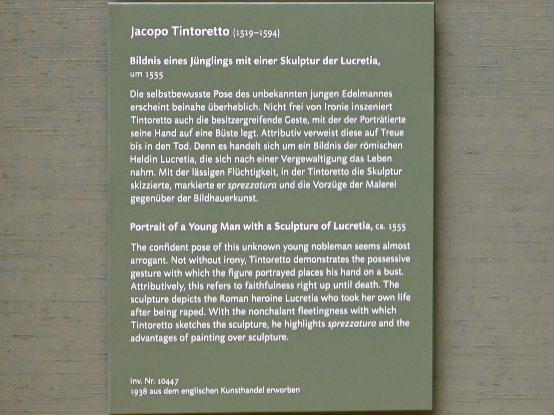 Tintoretto (Jacopo Robusti) (1540–1590), Bildnis eines Jünglings mit einer Skulptur der Lucretia, München, Alte Pinakothek, Obergeschoss Saal V, um 1555, Bild 2/2