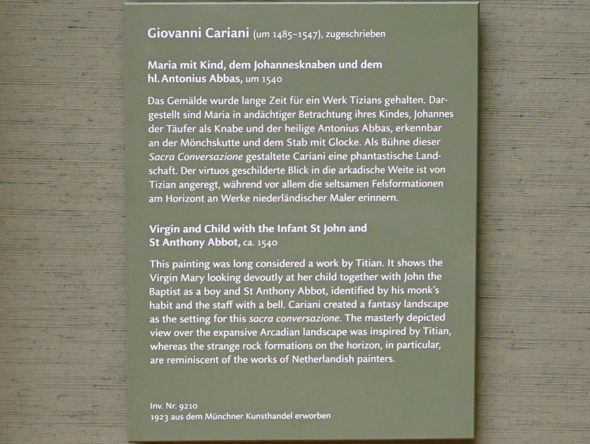 Giovanni Cariani (Giovanni Busi) (1515–1540), Maria mit Kind, dem Johannesknaben und dem hl. Antonius Abbas, München, Alte Pinakothek, Obergeschoss Saal V, um 1540, Bild 2/2