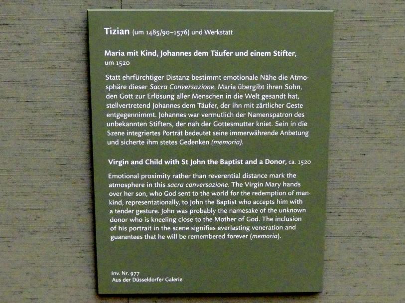 Tiziano Vecellio (Tizian) (1509–1575), Maria mit Kind, Johannes dem Täufer und einem Stifter, München, Alte Pinakothek, Obergeschoss Saal V, um 1520, Bild 2/2