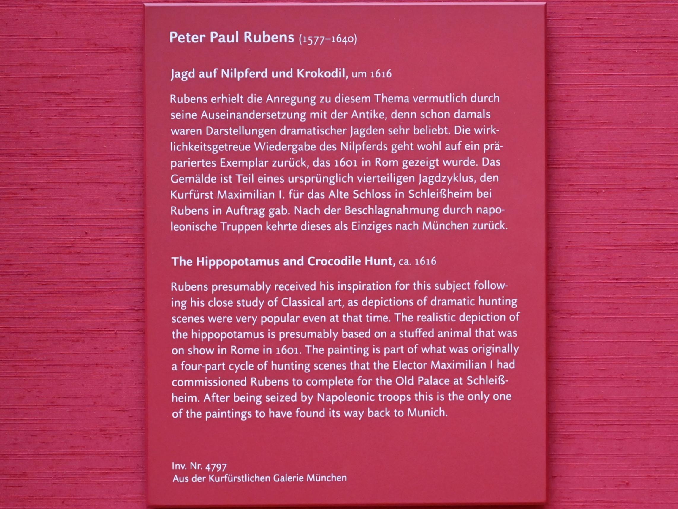 Peter Paul Rubens (1598–1640), Jagd auf Nilpferd und Krokodil, Schleißheim, Schlossanlage, Alte Schloss Schleißheim, jetzt München, Alte Pinakothek, Obergeschoss Saal VII, um 1616, Bild 2/2