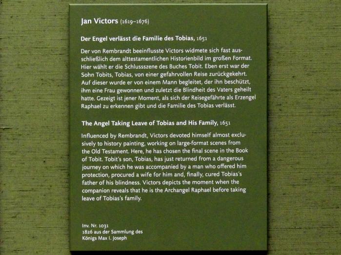 Jan Victors (1640–1658), Der Engel verlässt die Familie des Tobias, München, Alte Pinakothek, Obergeschoss Saal IX, 1651, Bild 2/2
