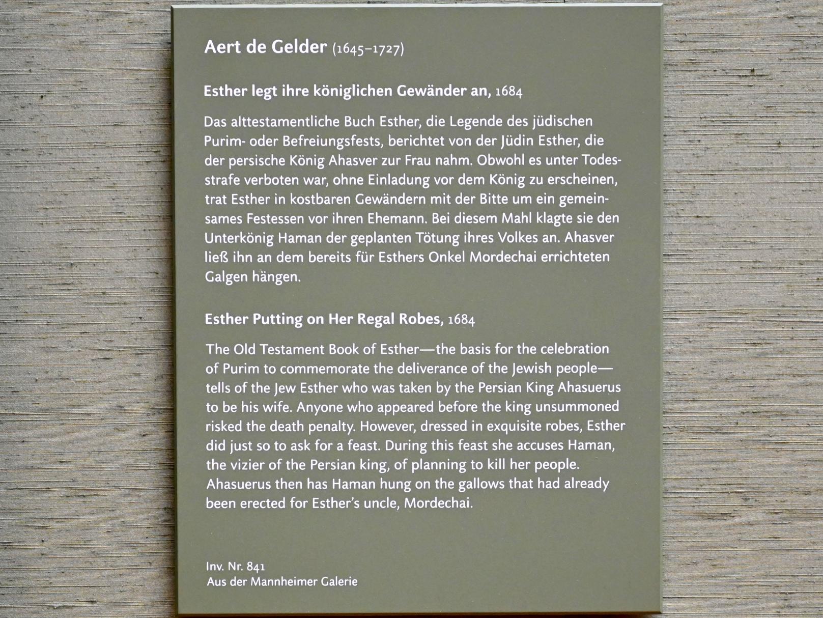 Aert de Gelder (1682–1721), Esther legt ihre königlichen Gewänder an, München, Alte Pinakothek, Obergeschoss Saal IX, 1684, Bild 2/2