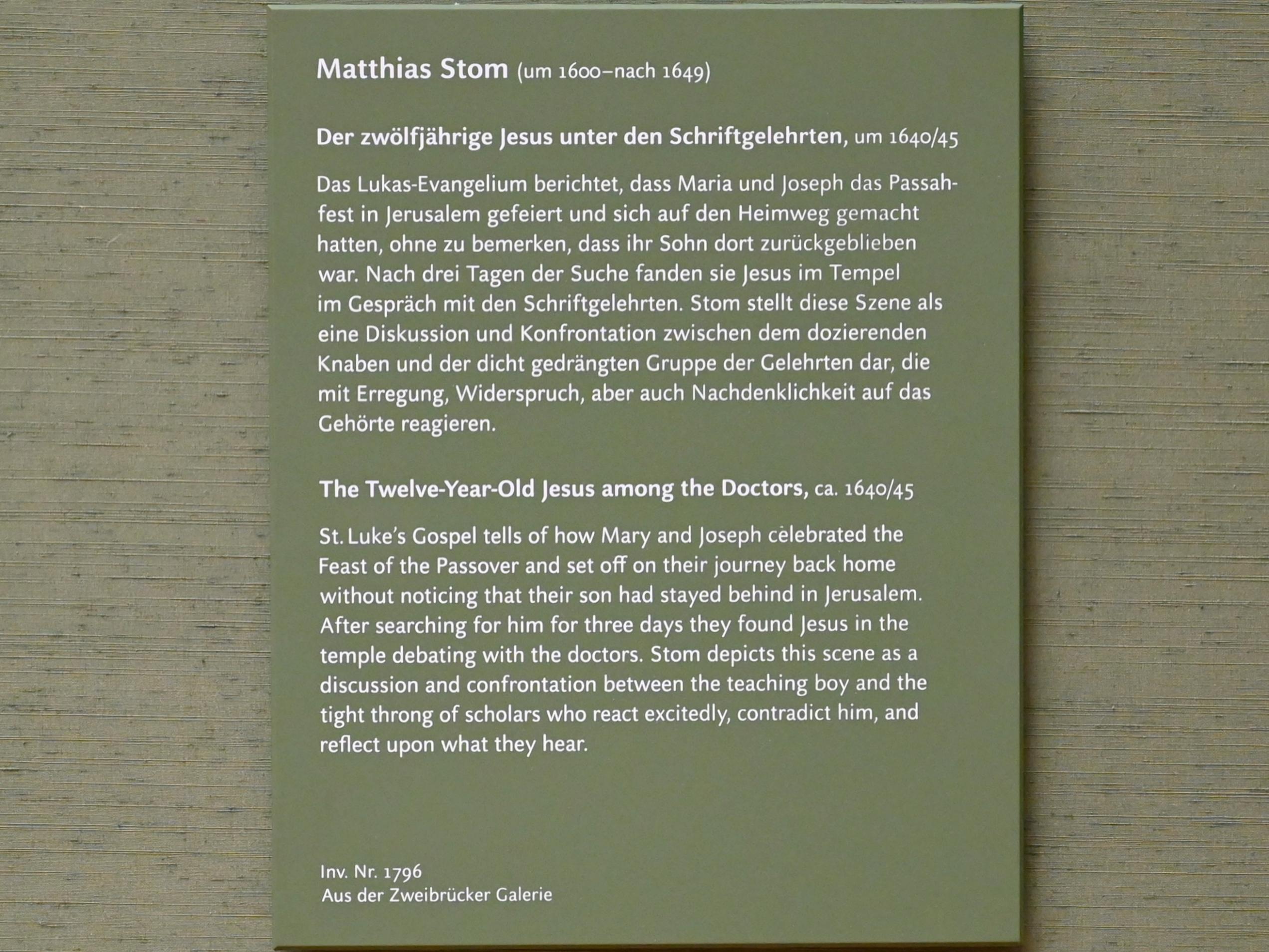 Matthias Stom: Der zwölfjährige Jesus unter den Schriftgelehrten, 1640 - 1645, Bild 2/2