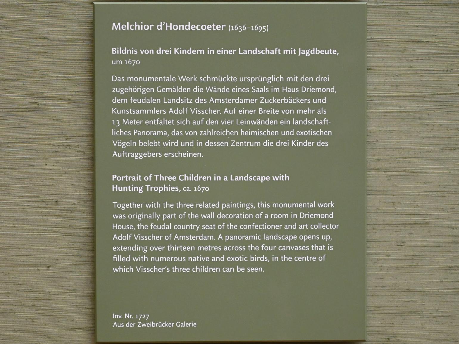 Melchior de Hondecoeter (1670–1695), Bildnis von drei Kindern in einer Landschaft mit Jagdbeute, München, Alte Pinakothek, Obergeschoss Saal IX, um 1670, Bild 2/2