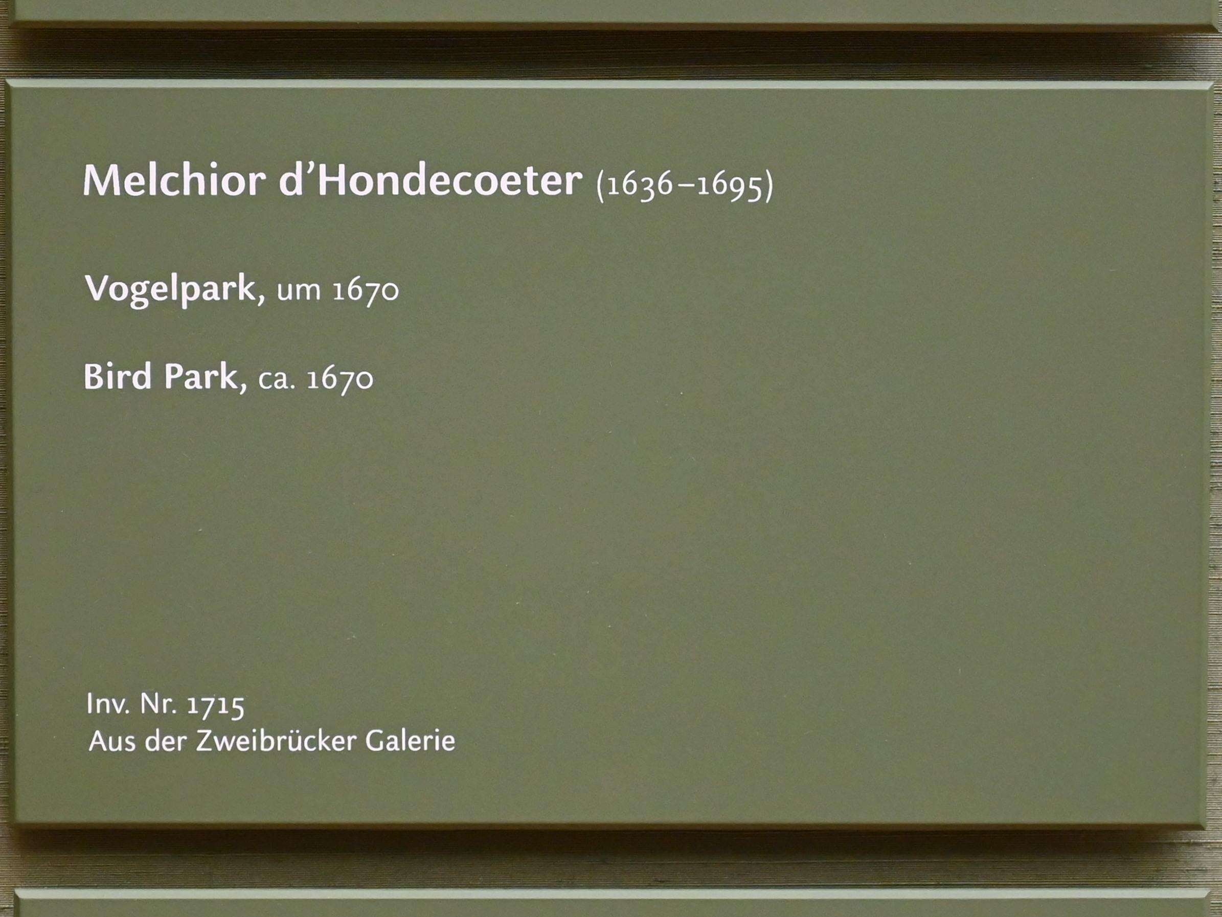 Melchior de Hondecoeter (1670–1695), Vogelpark, München, Alte Pinakothek, Obergeschoss Saal IX, um 1670, Bild 2/2