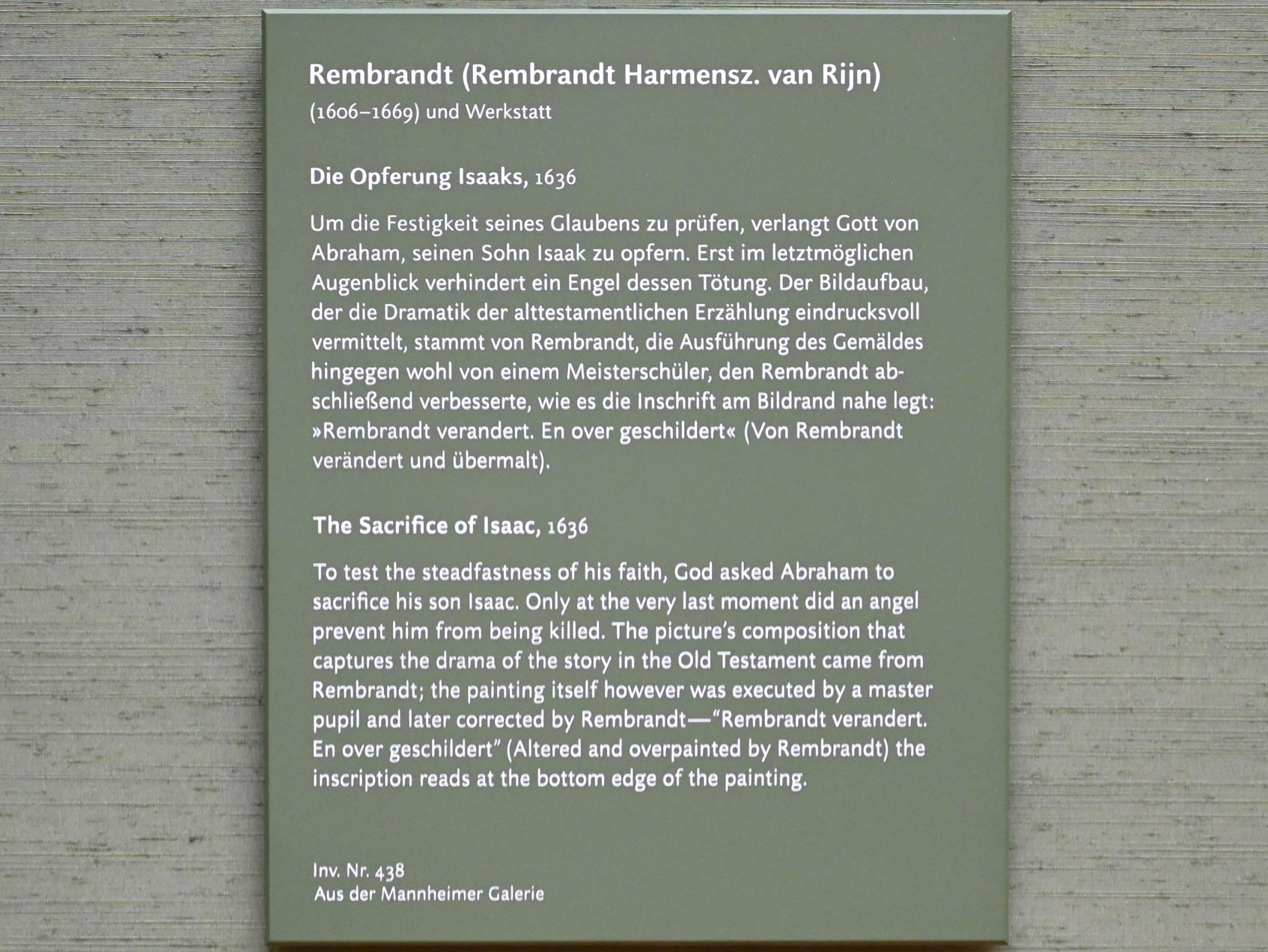 Rembrandt (Rembrandt Harmenszoon van Rijn) (1627–1669), Die Opferung Isaaks, München, Alte Pinakothek, Obergeschoss Saal IX, 1636, Bild 2/2
