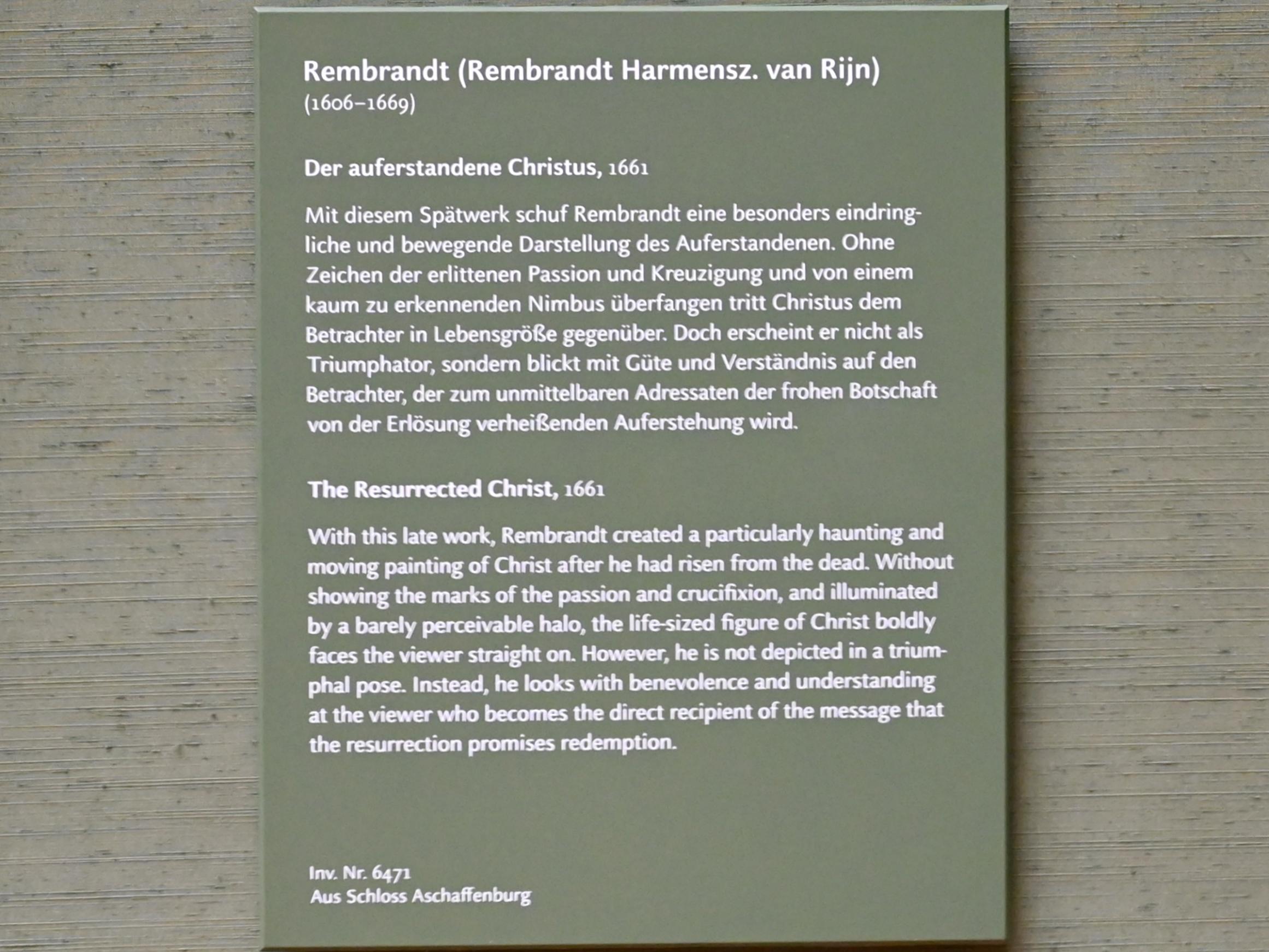 Rembrandt (Rembrandt Harmenszoon van Rijn) (1627–1669), Der auferstandene Christus, München, Alte Pinakothek, Obergeschoss Saal IX, 1661, Bild 2/2
