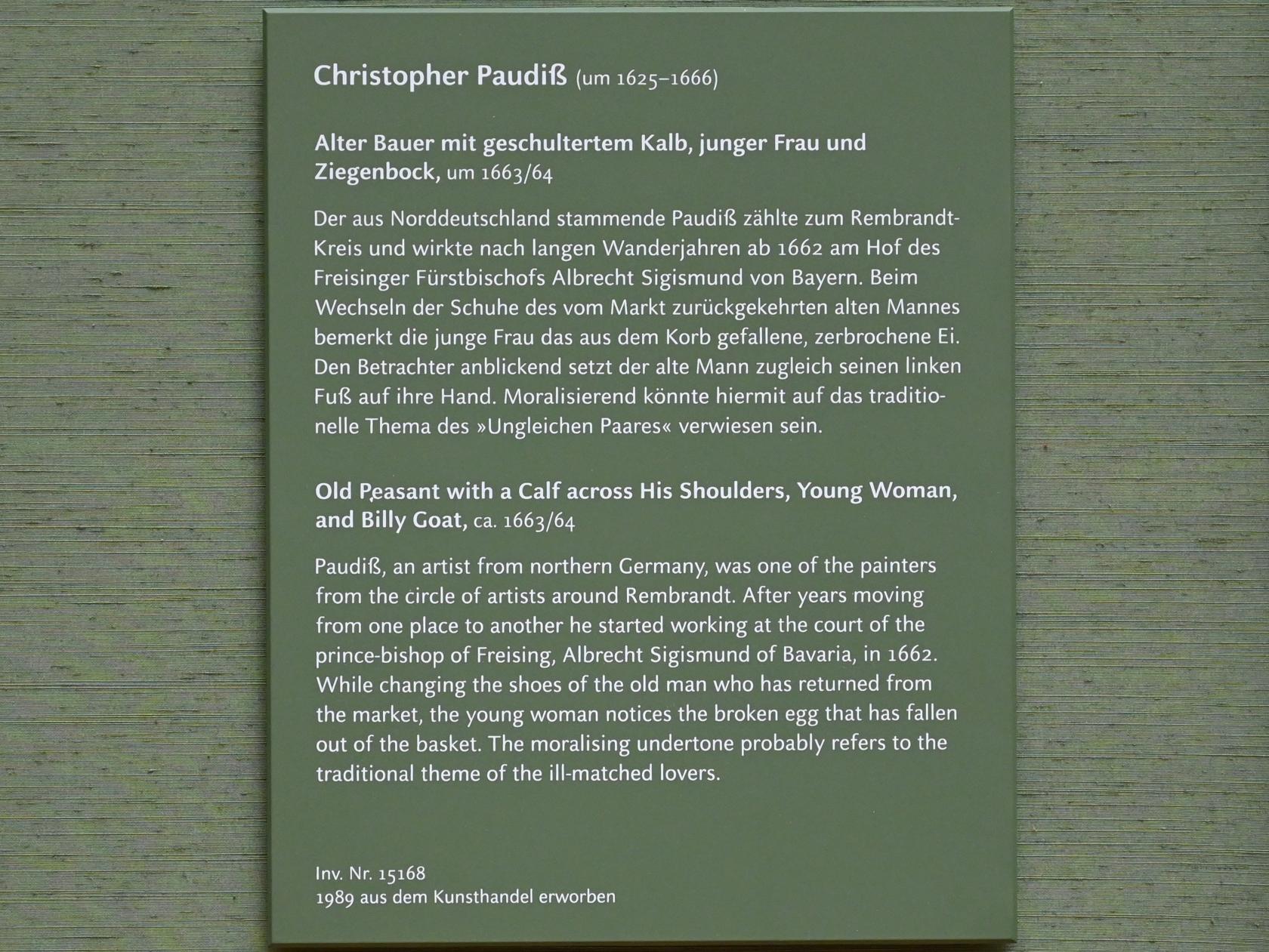 Christopher Paudiß (1657–1663), Alter Bauer mit geschultertem Kalb, junger Frau und Ziegenbock, München, Alte Pinakothek, Obergeschoss Saal IX, um 1663–1664, Bild 2/2