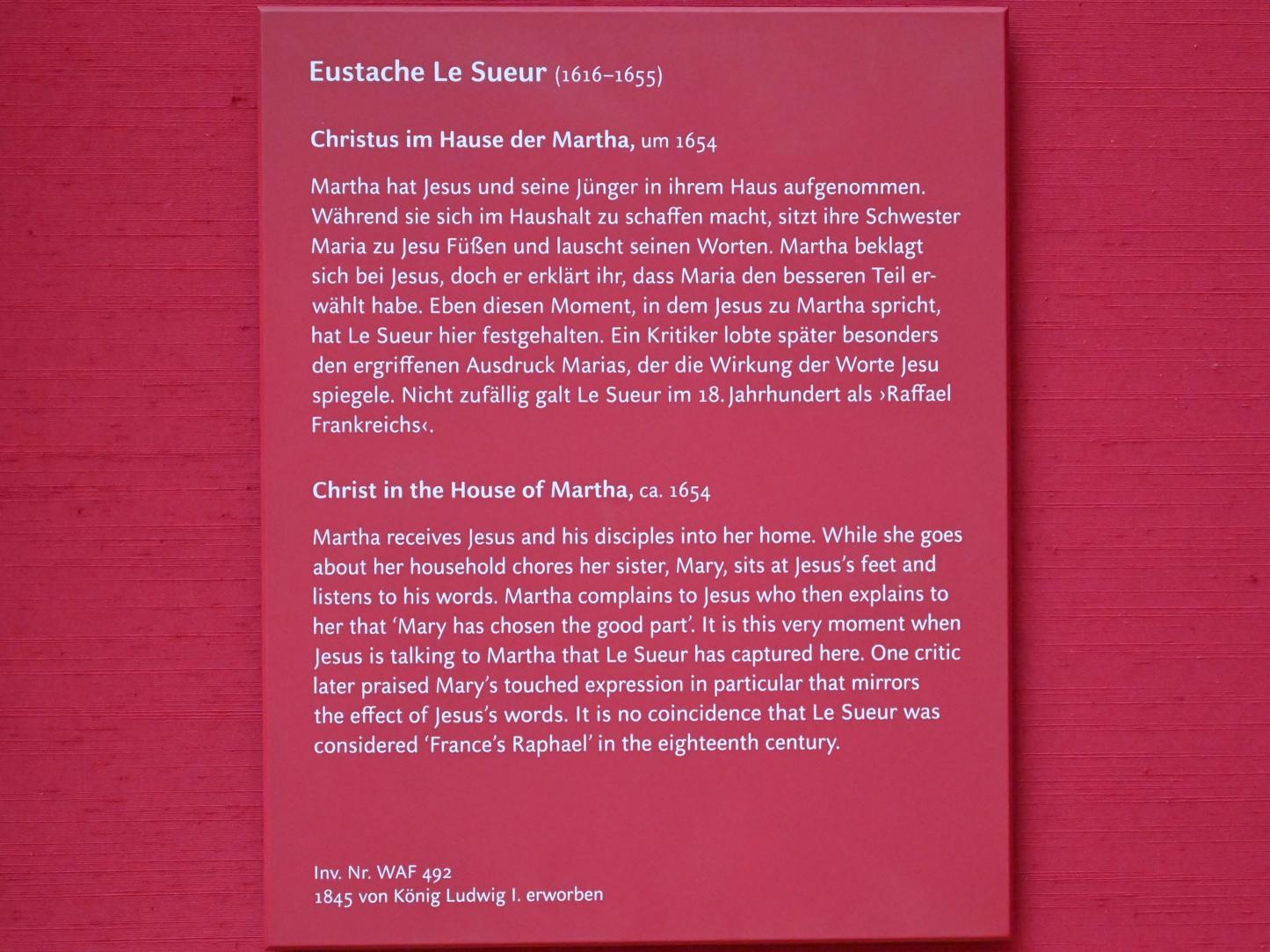 Eustache Le Sueur (1640–1654), Christus im Hause der Martha, München, Alte Pinakothek, Obergeschoss Saal XI, um 1654, Bild 2/2