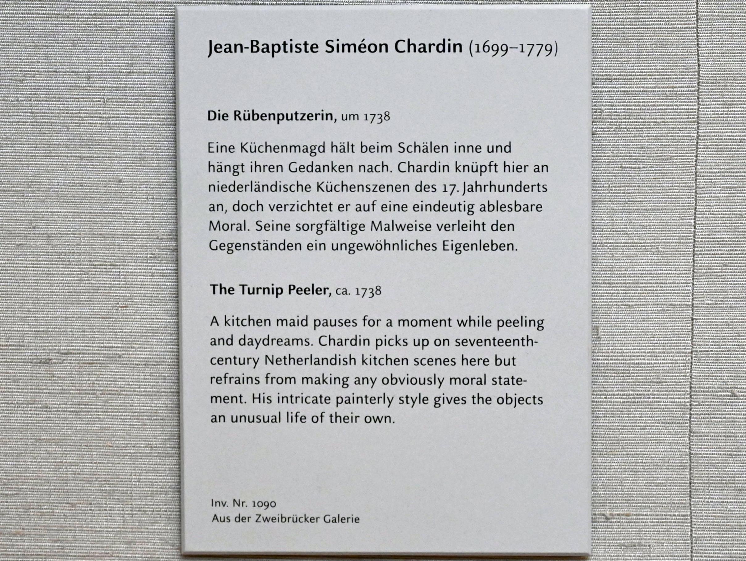 Jean Siméon Chardin (1725–1768), Die Rübenputzerin, München, Alte Pinakothek, Obergeschoss Saal XIIa, um 1738, Bild 2/2