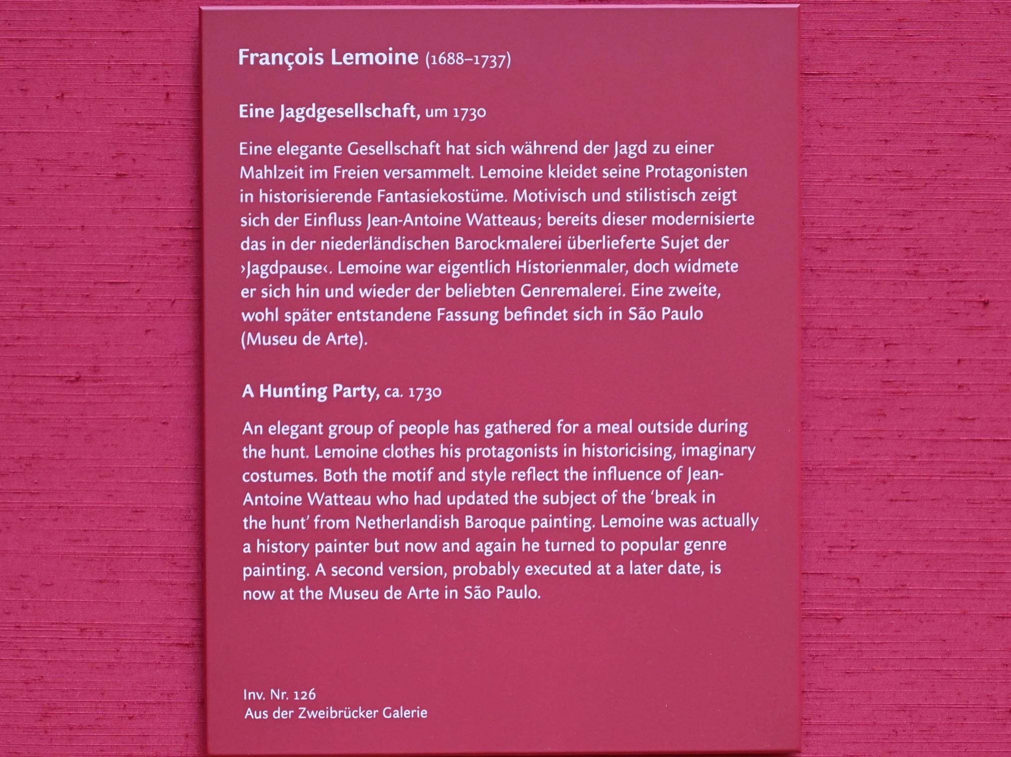 François Lemoyne (1720–1730), Eine Jagdgesellschaft, München, Alte Pinakothek, Obergeschoss Saal XII, um 1730, Bild 2/2