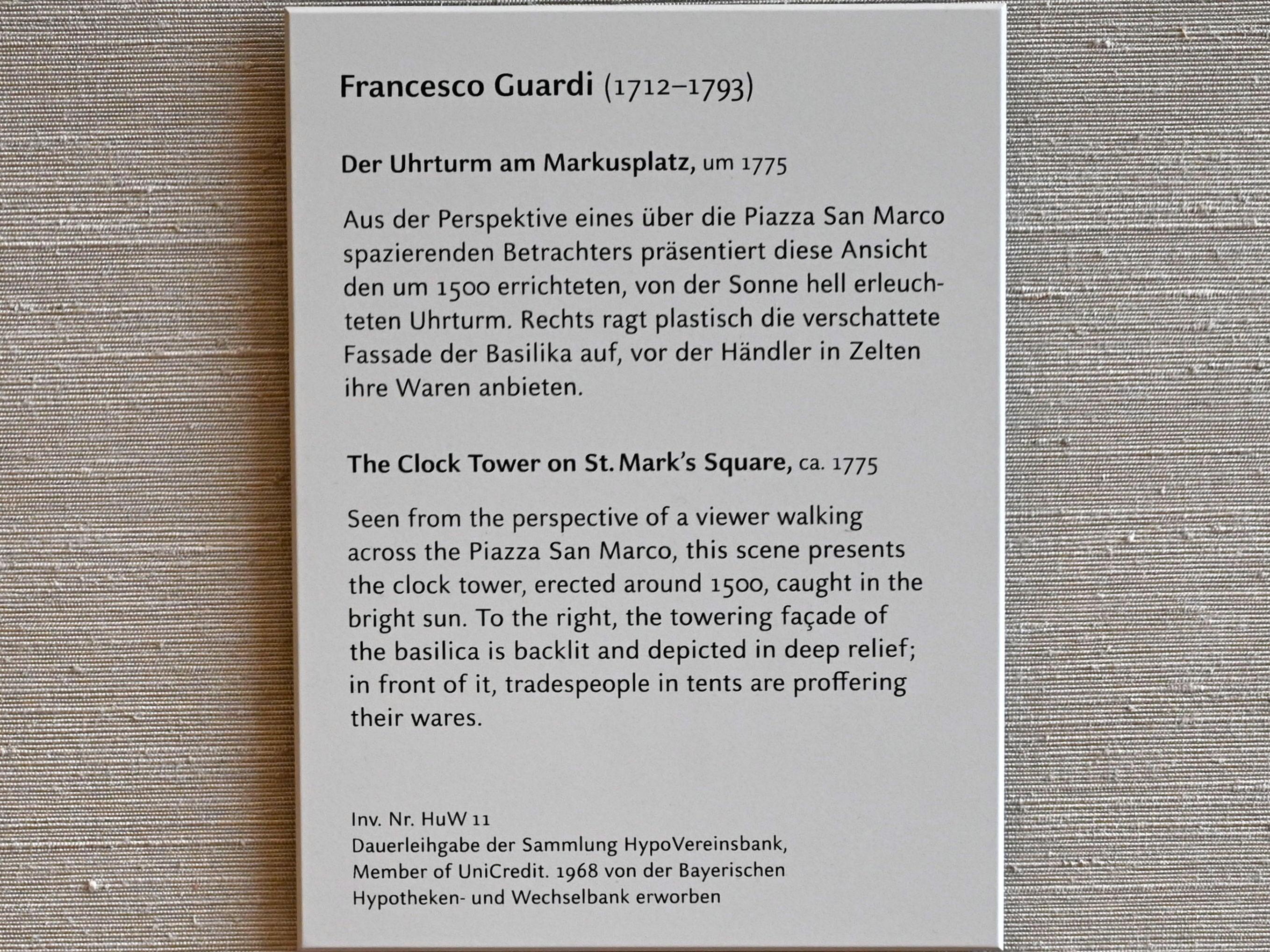 Francesco Guardi (1755–1790), Der Uhrturm am Markusplatz, München, Alte Pinakothek, Obergeschoss Saal XIIb, um 1775, Bild 2/2