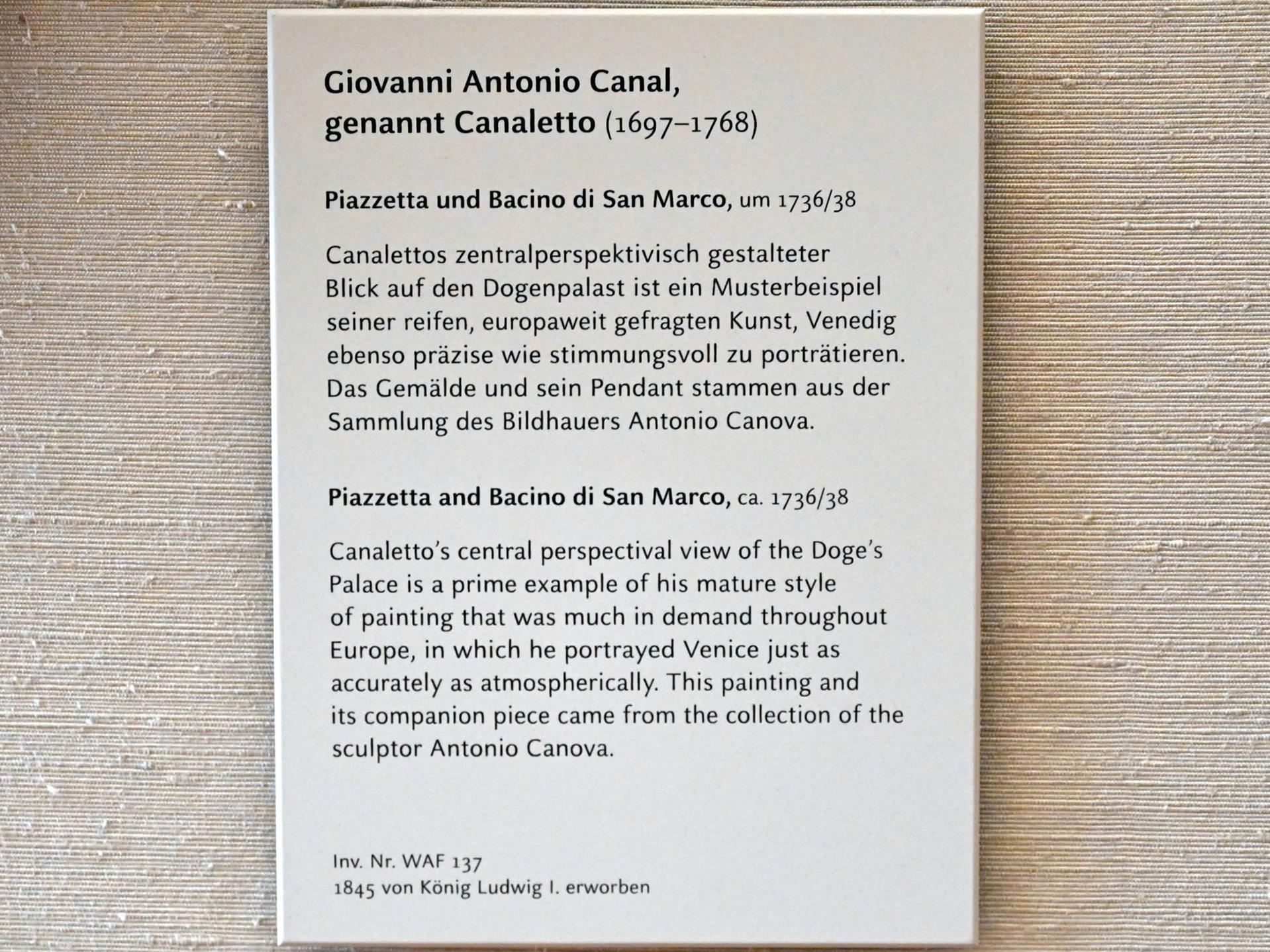 Giovanni Antonio Canal ("Canaletto") (1722–1765), Piazzetta und Bacino di San Marco, München, Alte Pinakothek, Obergeschoss Saal XIIb, um 1736–1738, Bild 2/2