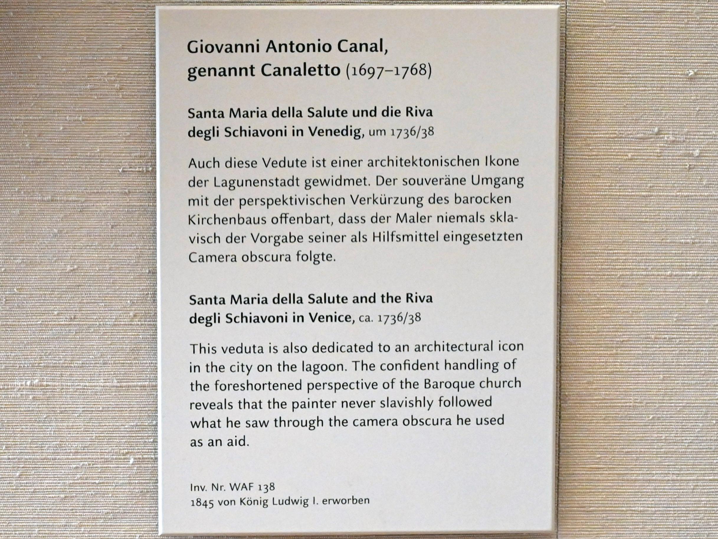 Giovanni Antonio Canal ("Canaletto") (1722–1765), Santa Maria della Salute und die Riva degli Schiavoni in Venedig, München, Alte Pinakothek, Obergeschoss Saal XIIb, um 1736–1738, Bild 2/2
