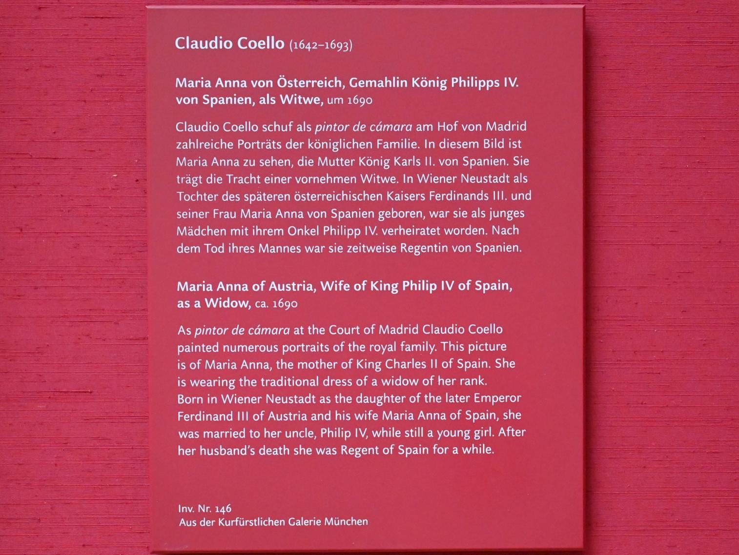 Claudio Coello (1690), Maria Anna von Österreich, Gemahlin König Philipps IV. von Spanien, als Witwe, München, Alte Pinakothek, Obergeschoss Saal XIII, um 1690, Bild 2/2