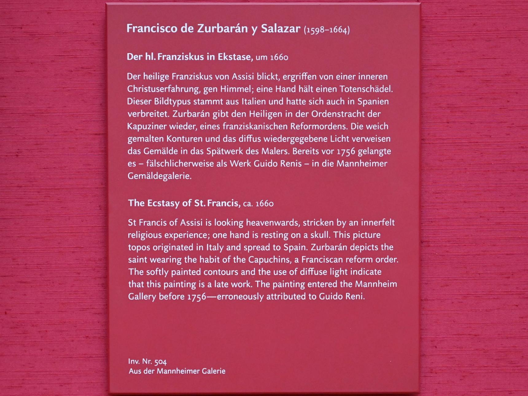 Francisco de Zurbarán y Salazar (1628–1661), Der hl. Franziskus in Ekstase, München, Alte Pinakothek, Obergeschoss Saal XIII, um 1660, Bild 2/2