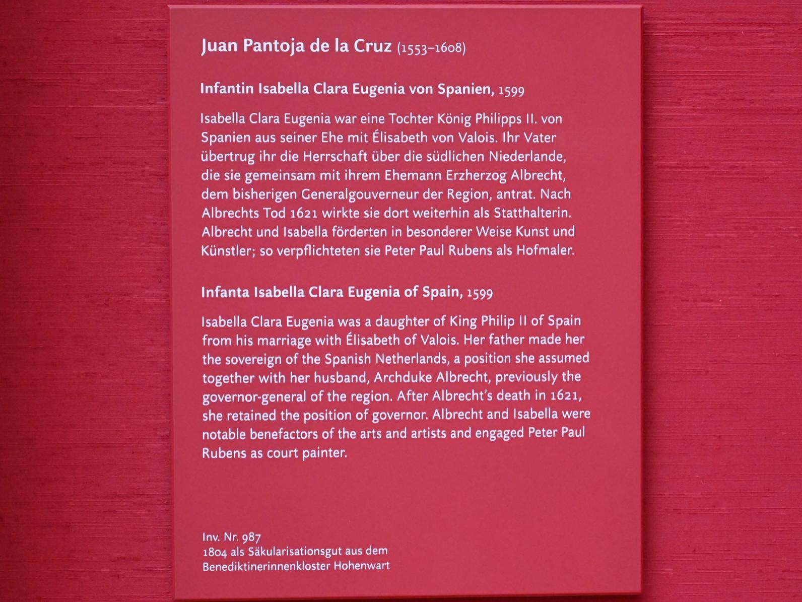 Juan Pantoja de la Cruz (1599–1600), Infantin Isabella Clara Eugenia von Spanien, München, Alte Pinakothek, Obergeschoss Saal XIII, um 1599, Bild 2/2