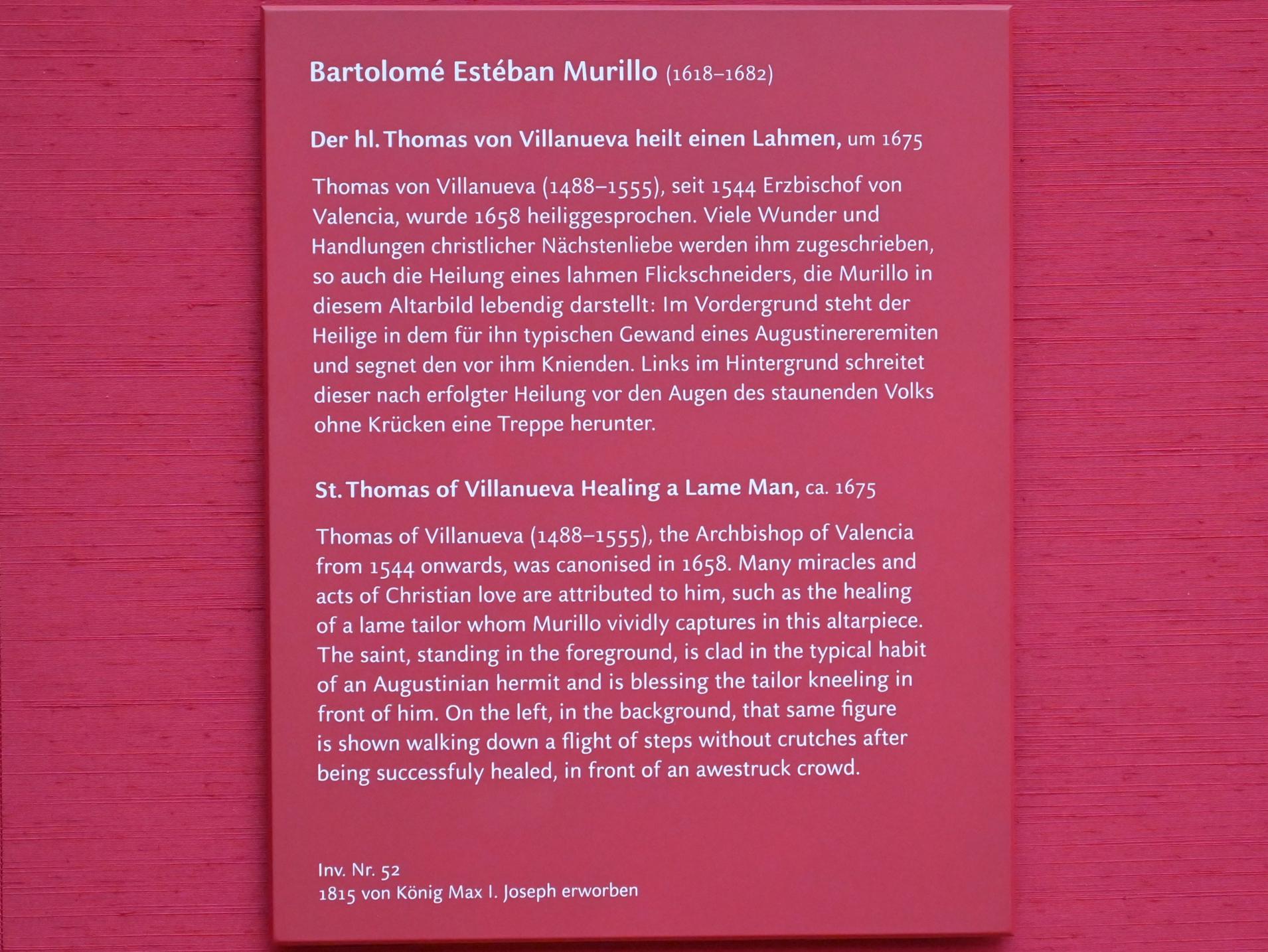 Bartolomé Esteban Murillo (1645–1678), Der hl. Thomas von Villanueva heilt einen Lahmen, München, Alte Pinakothek, Obergeschoss Saal XIII, um 1675, Bild 2/2