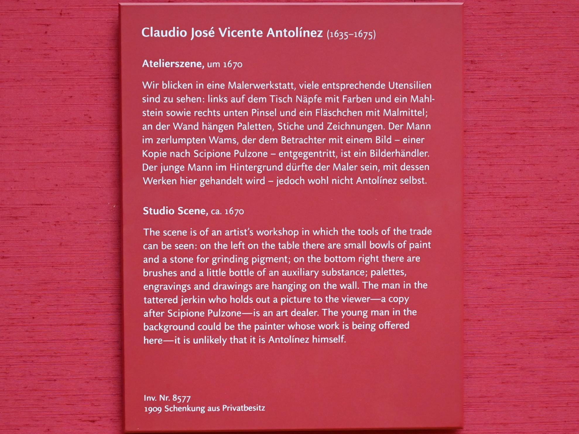 Claudio José Vicente Antolínez (1670), Atelierszene, München, Alte Pinakothek, Obergeschoss Saal XIII, um 1670, Bild 2/2