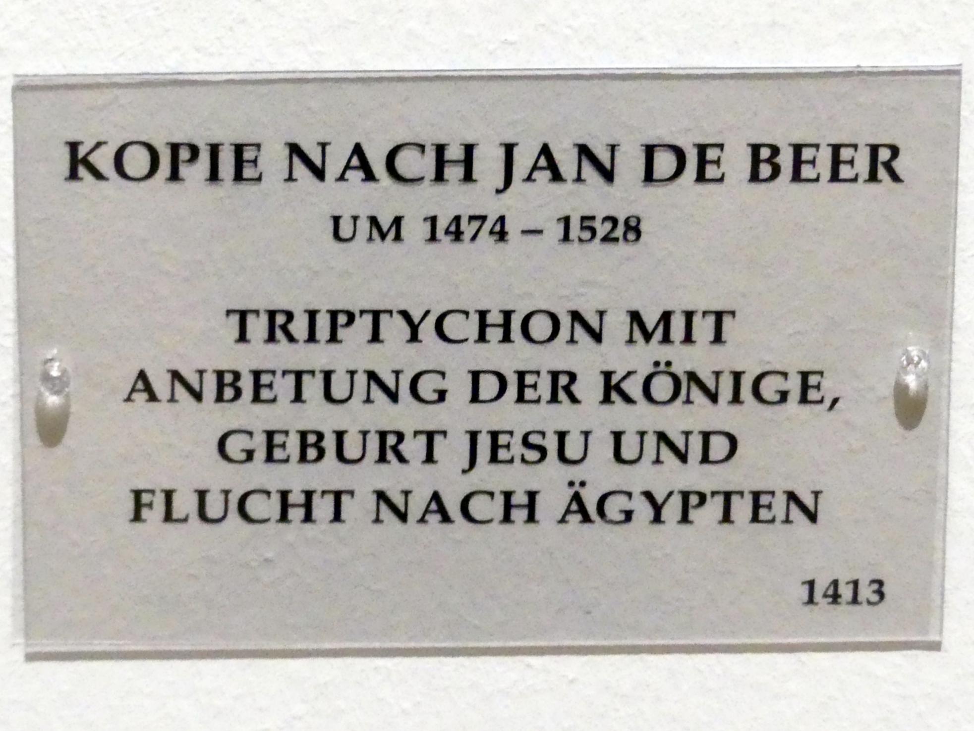 Jan de Beer (Kopie) (1528), Triptychon mit der Anbetung der Könige, der Flucht nach Ägypten und der Geburt Christi, München, Alte Pinakothek, Erdgeschoss Saal IIc, um 1510–1530, Bild 2/2