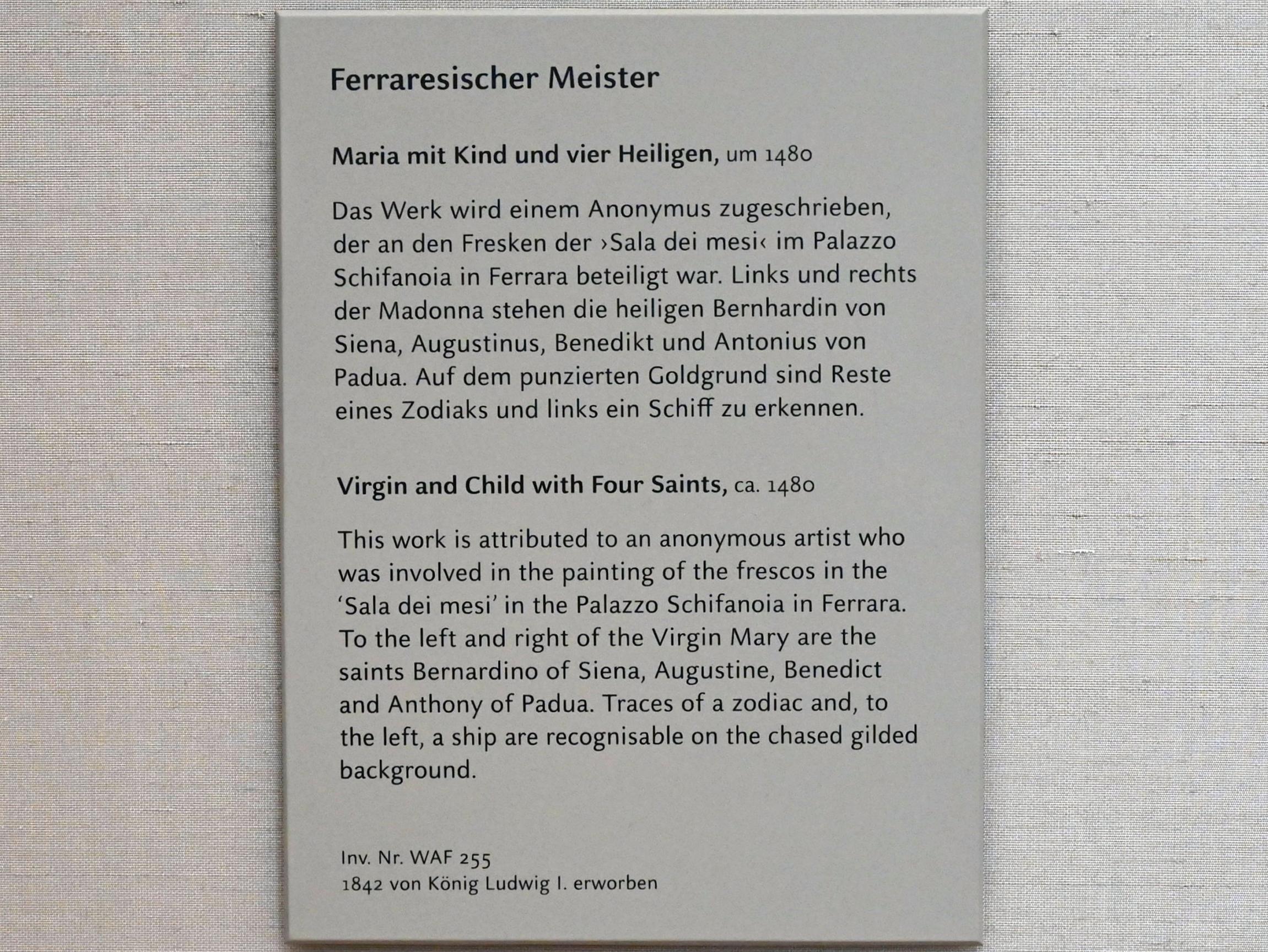 Thronende Maria mit Kind und vier Heiligen, München, Alte Pinakothek, Obergeschoss Kabinett 4, um 1480, Bild 2/2