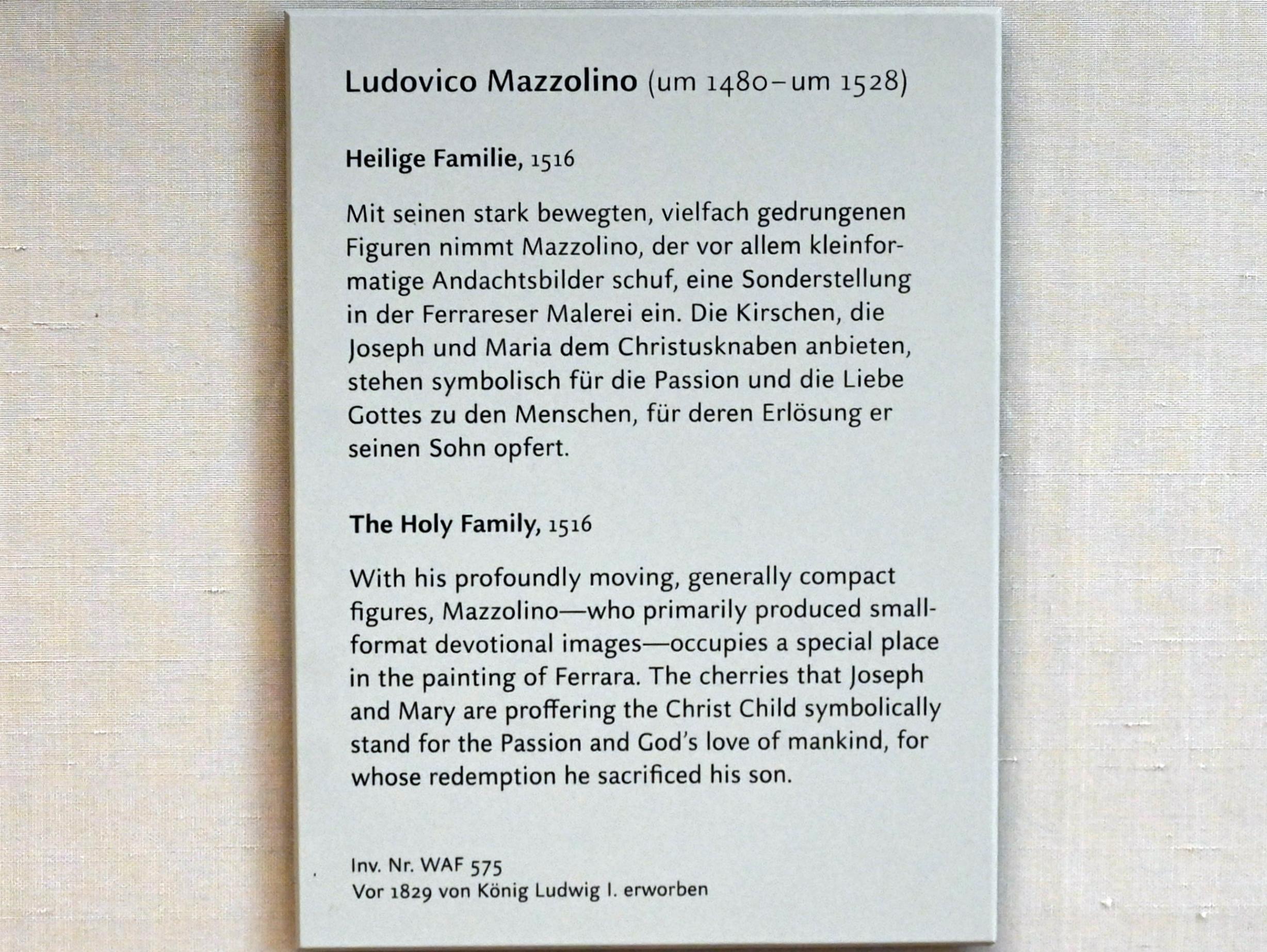 Ludovico Mazzolino (1505–1525), Heilige Familie, München, Alte Pinakothek, Obergeschoss Kabinett 4, 1516, Bild 2/2