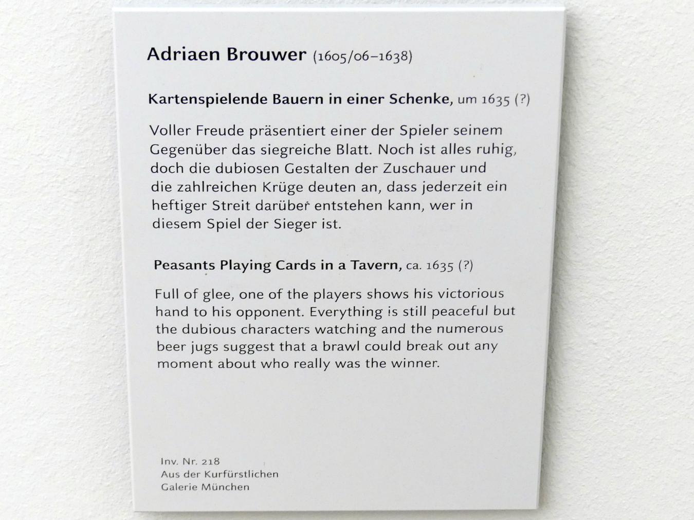 Adriaen Brouwer (1631–1637), Kartenspielende Bauern in einer Schenke, München, Alte Pinakothek, Obergeschoss Kabinett 11, um 1635, Bild 2/2