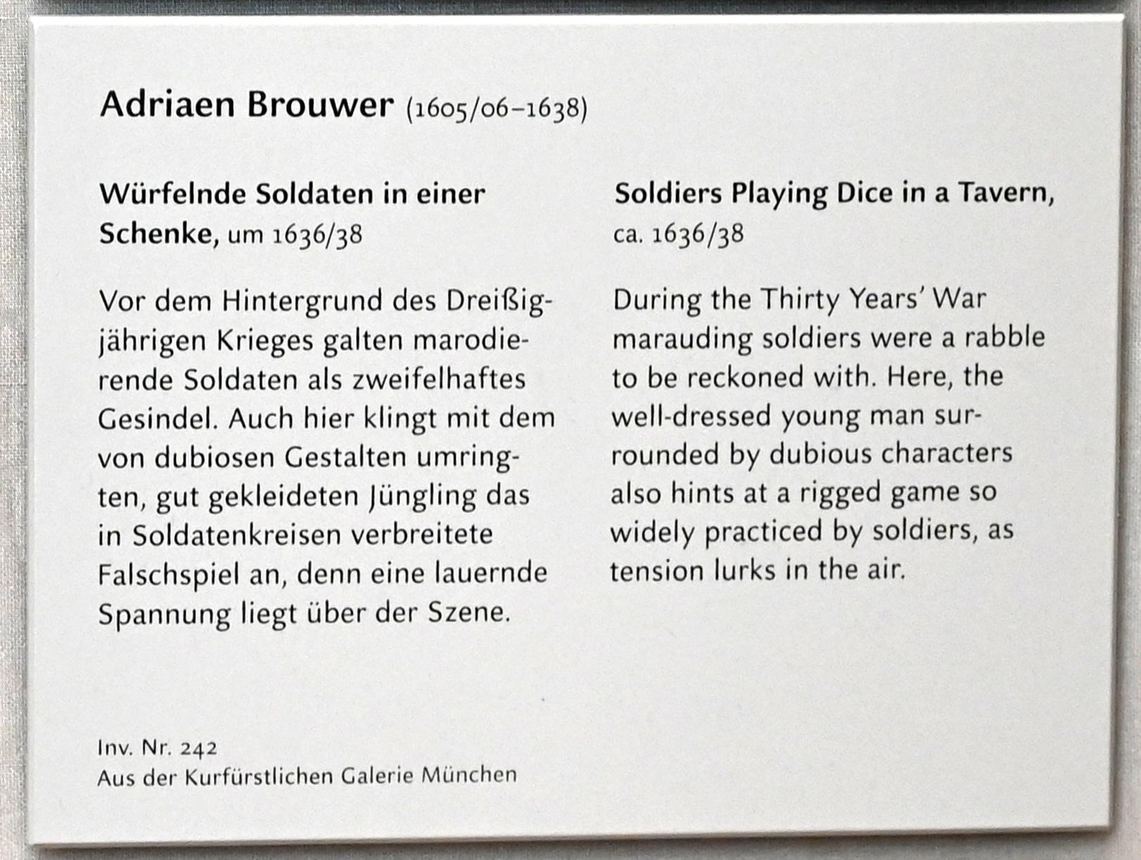 Adriaen Brouwer (1631–1637), Würfelnde Soldaten in einer Schenke, München, Alte Pinakothek, Obergeschoss Kabinett 11, um 1636–1638, Bild 2/2