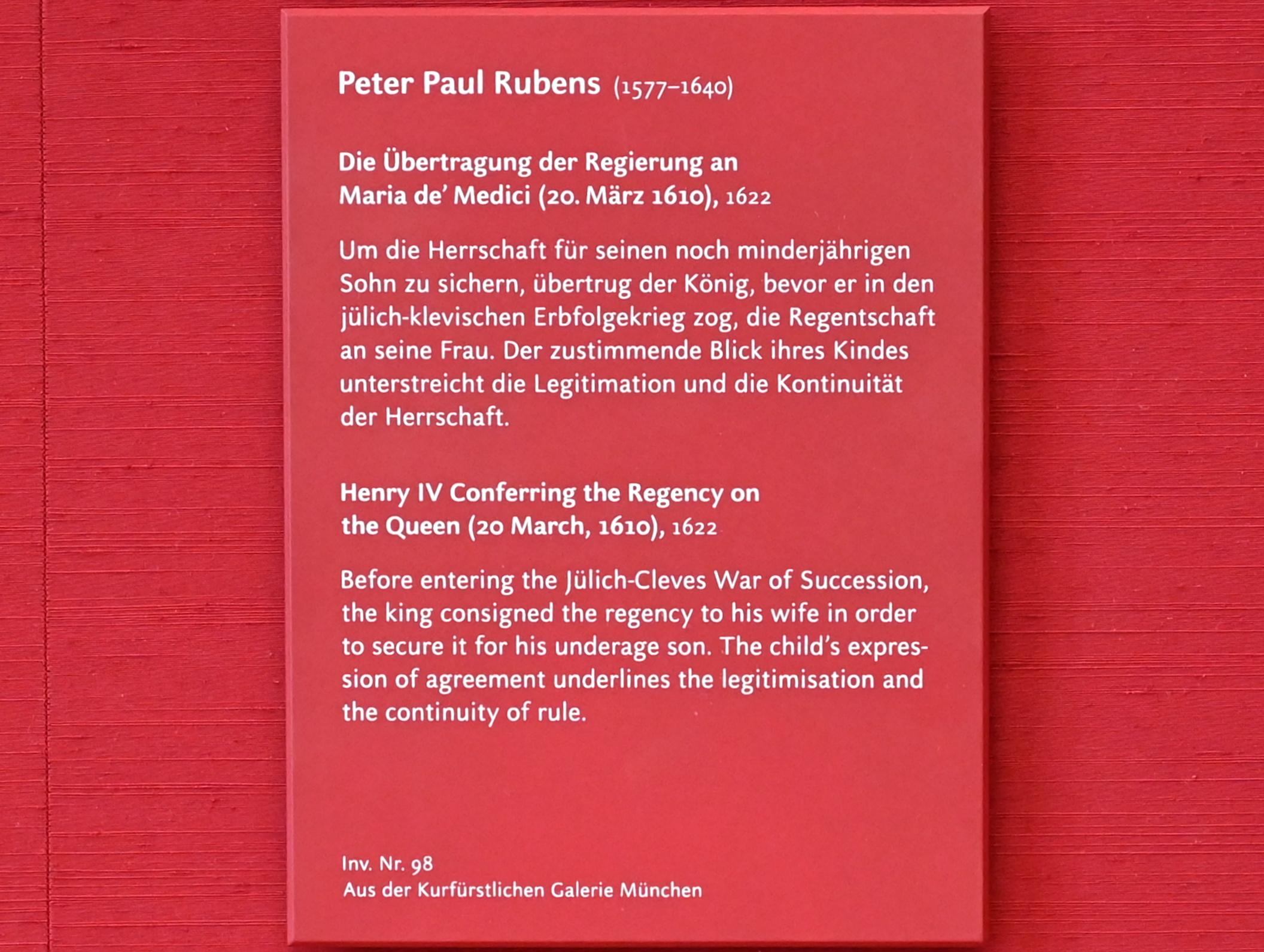 Peter Paul Rubens (1598–1640), Die Übertragung der Regierung an Maria de' Medici (Skizze zum Medici-Zyklus), München, Alte Pinakothek, Obergeschoss Kabinett 12, 1622, Bild 2/2