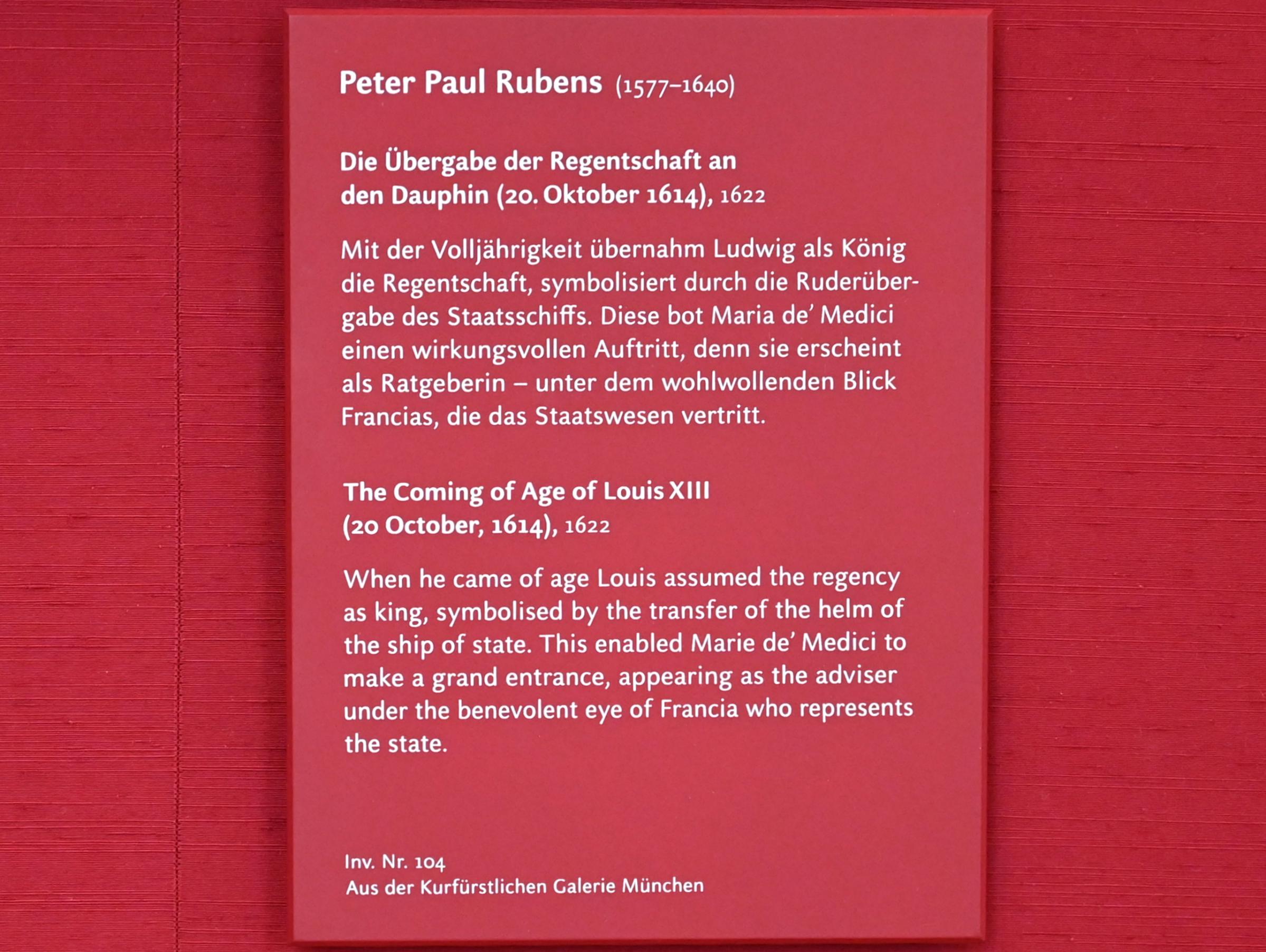 Peter Paul Rubens (1598–1640), Die Übergabe der Regentschaft an den Dauphin (Skizze zum Medici-Zyklus), München, Alte Pinakothek, Obergeschoss Kabinett 12, 1622, Bild 2/2