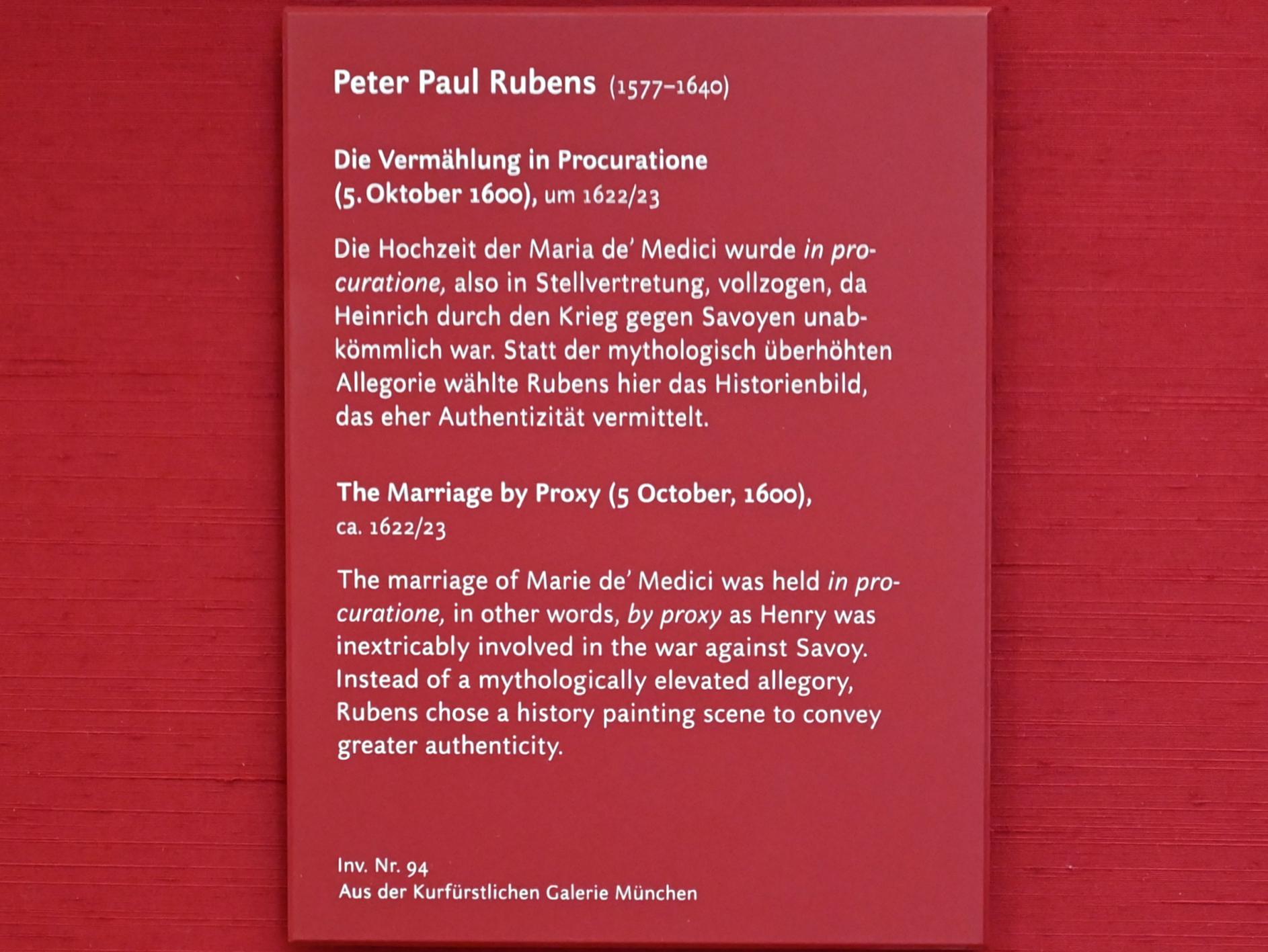 Peter Paul Rubens (1598–1650), Die Vermählung "in procuratione" (Skizze zum Medici-Zyklus), München, Alte Pinakothek, Obergeschoss Kabinett 12, um 1622–1623, Bild 2/2