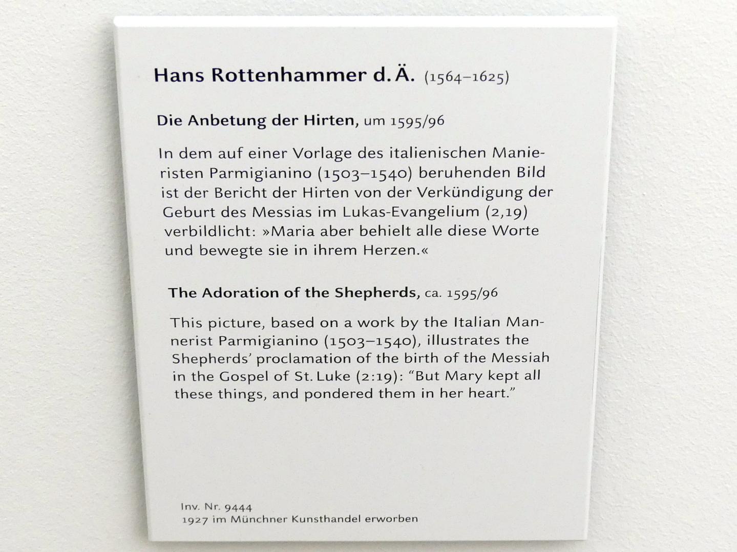 Johannes Rottenhammer der Ältere (1595–1604), Die Anbetung der Hirten, München, Alte Pinakothek, Obergeschoss Kabinett 13, um 1595–1596, Bild 2/2