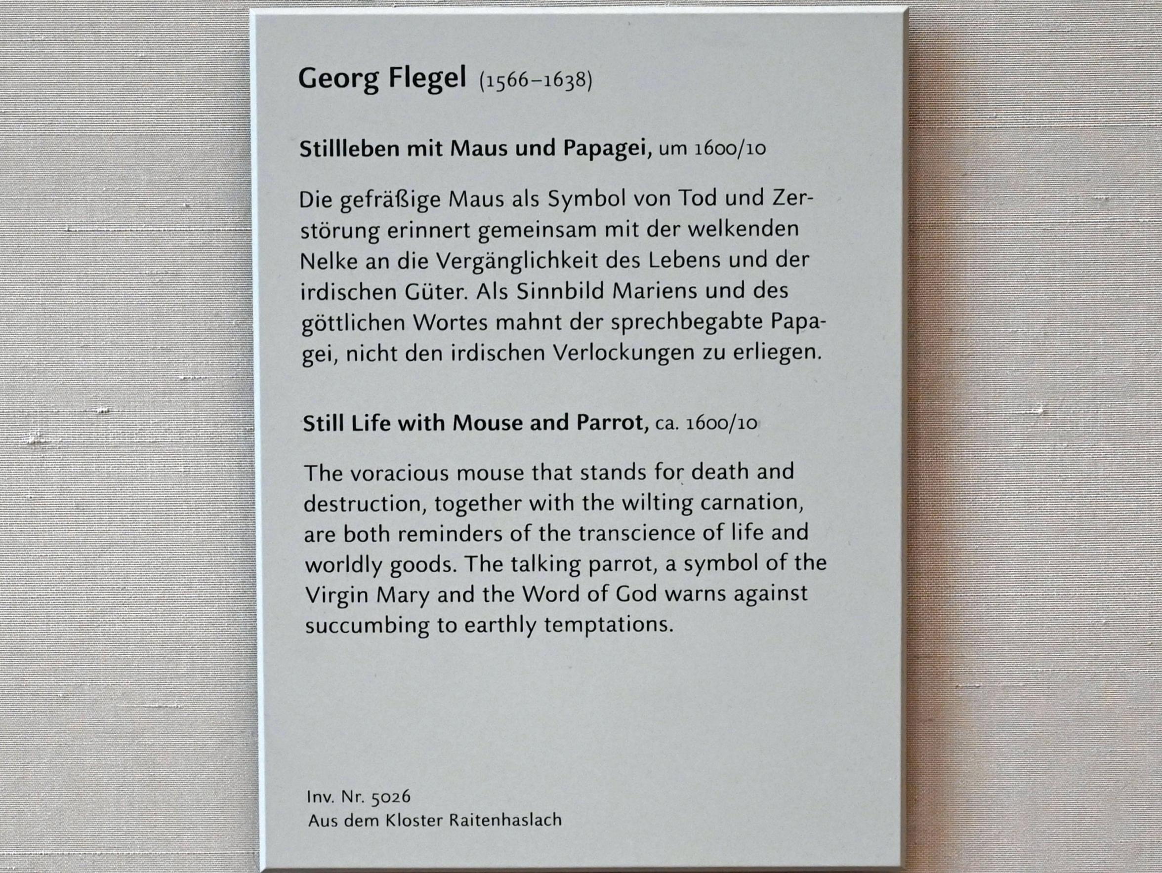 Georg Flegel (1595–1638), Stillleben mit Maus und Papagei, München, Alte Pinakothek, Obergeschoss Kabinett 13, um 1600–1610, Bild 2/2