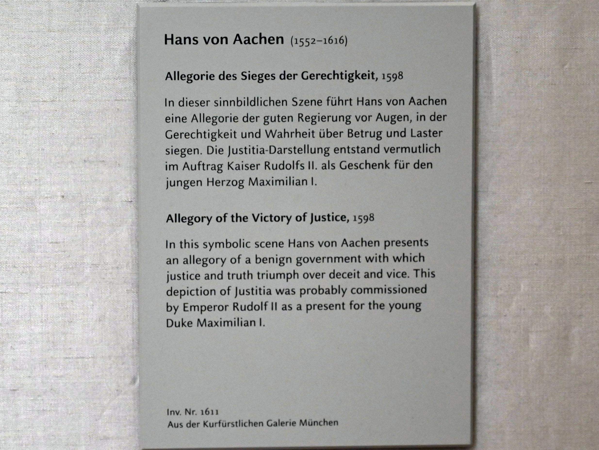 Hans von Aachen (1574–1615), Allegorie des Sieges der Gerechtigkeit, München, Alte Pinakothek, Obergeschoss Kabinett 13, 1598, Bild 2/2