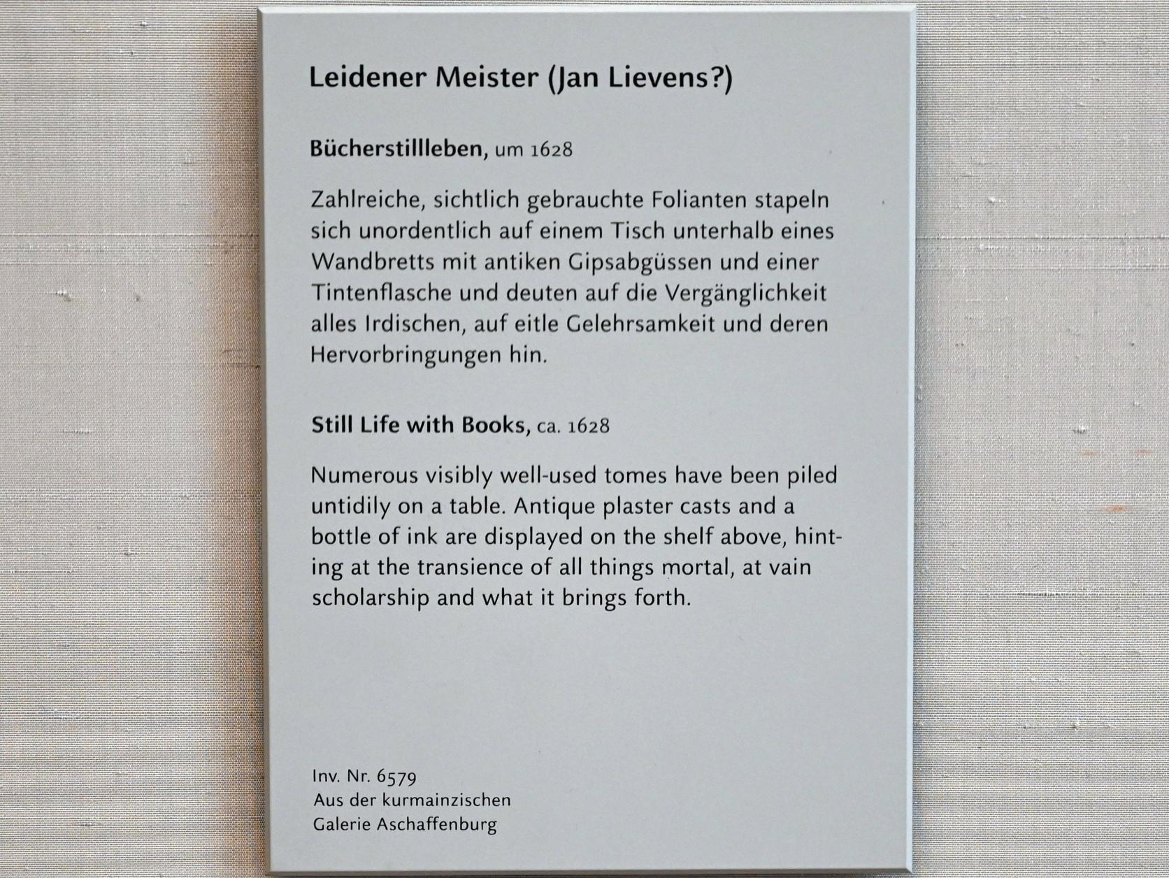 Jan Lievens (1628–1654), Bücherstillleben, München, Alte Pinakothek, Obergeschoss Kabinett 14, um 1628, Bild 2/2