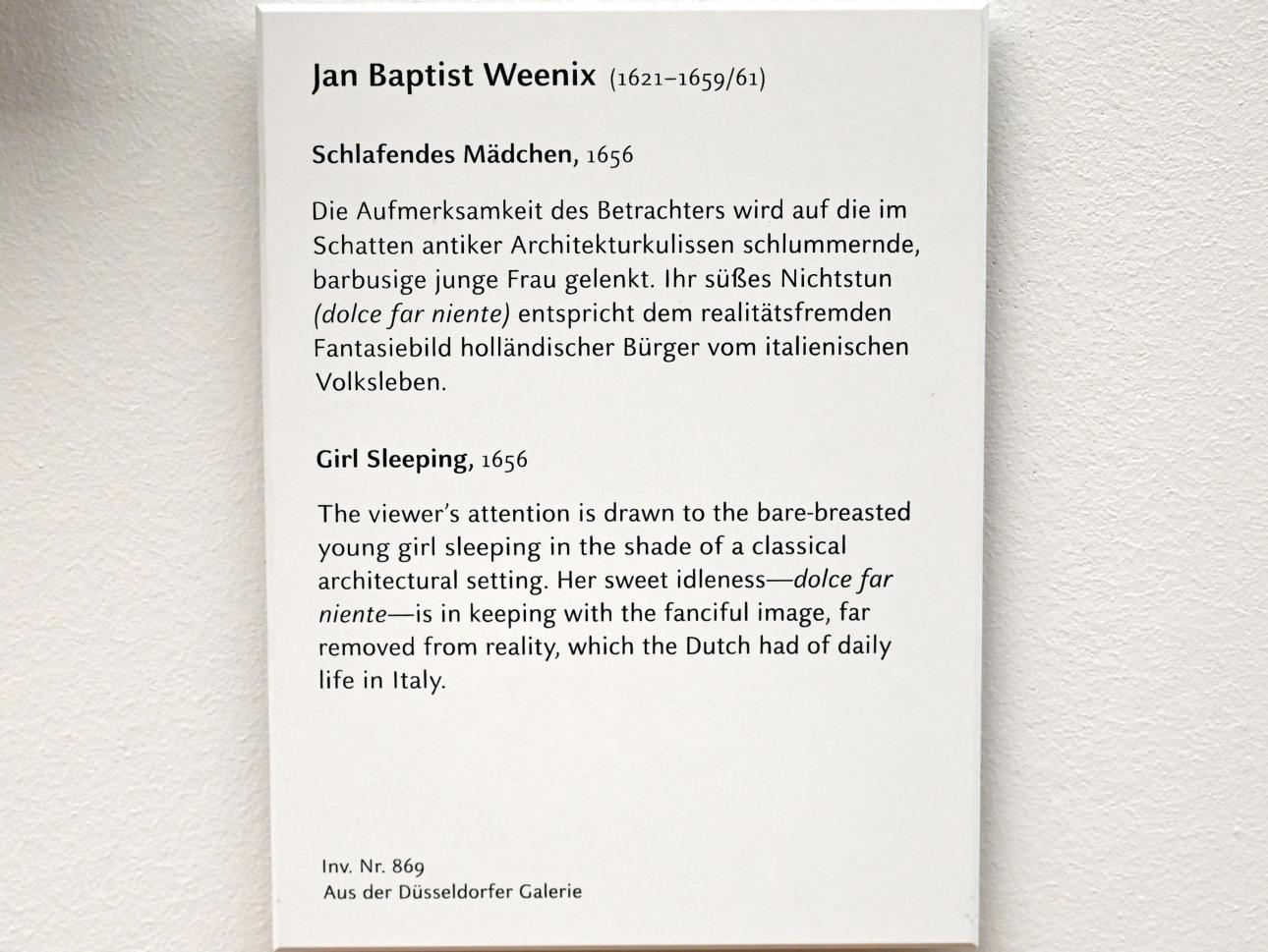 Jan Baptist Weenix (1649–1656), Schlafendes Mädchen, München, Alte Pinakothek, Obergeschoss Kabinett 16, 1656, Bild 2/2