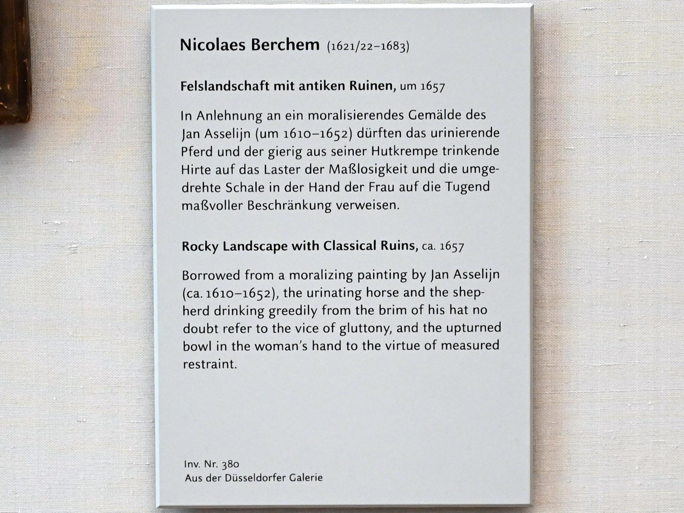 Nicolaes Berchem (1646–1675), Felslandschaft mit antiken Ruinen, München, Alte Pinakothek, Obergeschoss Kabinett 16, um 1657, Bild 2/2