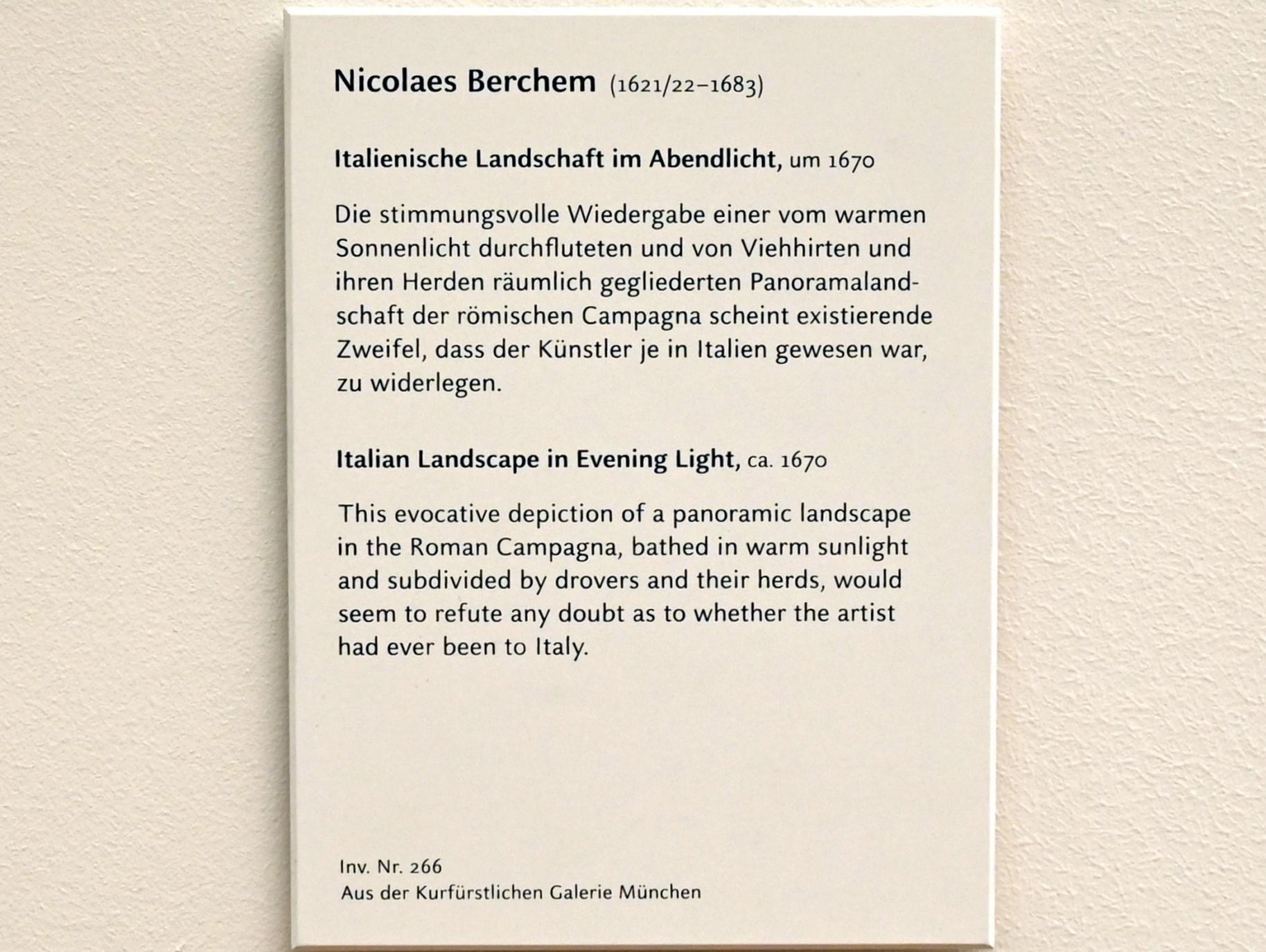 Nicolaes Berchem (1646–1675), Italienische Landschaft im Abendlicht, München, Alte Pinakothek, Obergeschoss Kabinett 16, um 1670, Bild 2/2