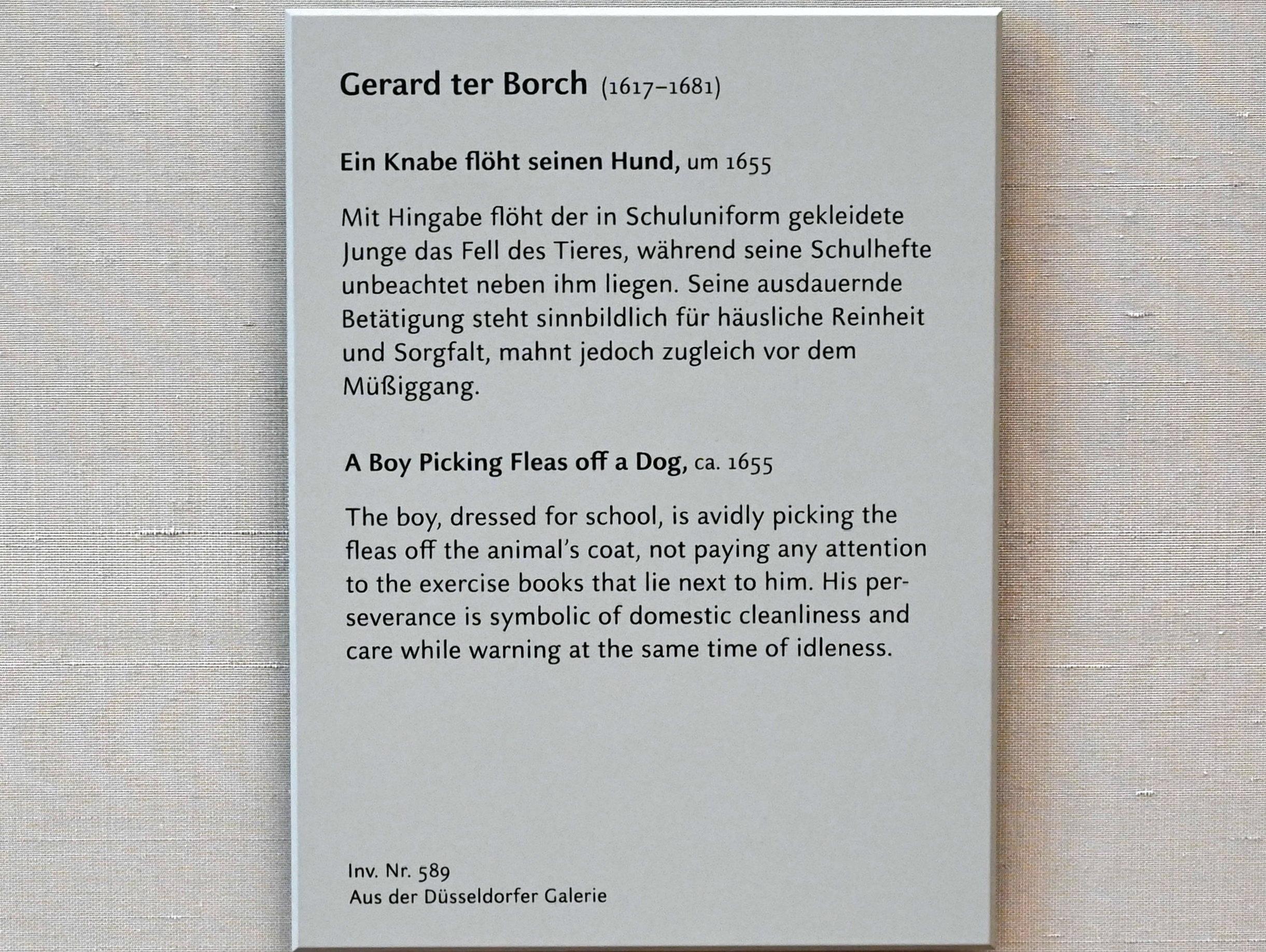Gerard ter Borch (1635–1675), Ein Knabe floht seinen Hund, München, Alte Pinakothek, Obergeschoss Kabinett 19, um 1655, Bild 2/2