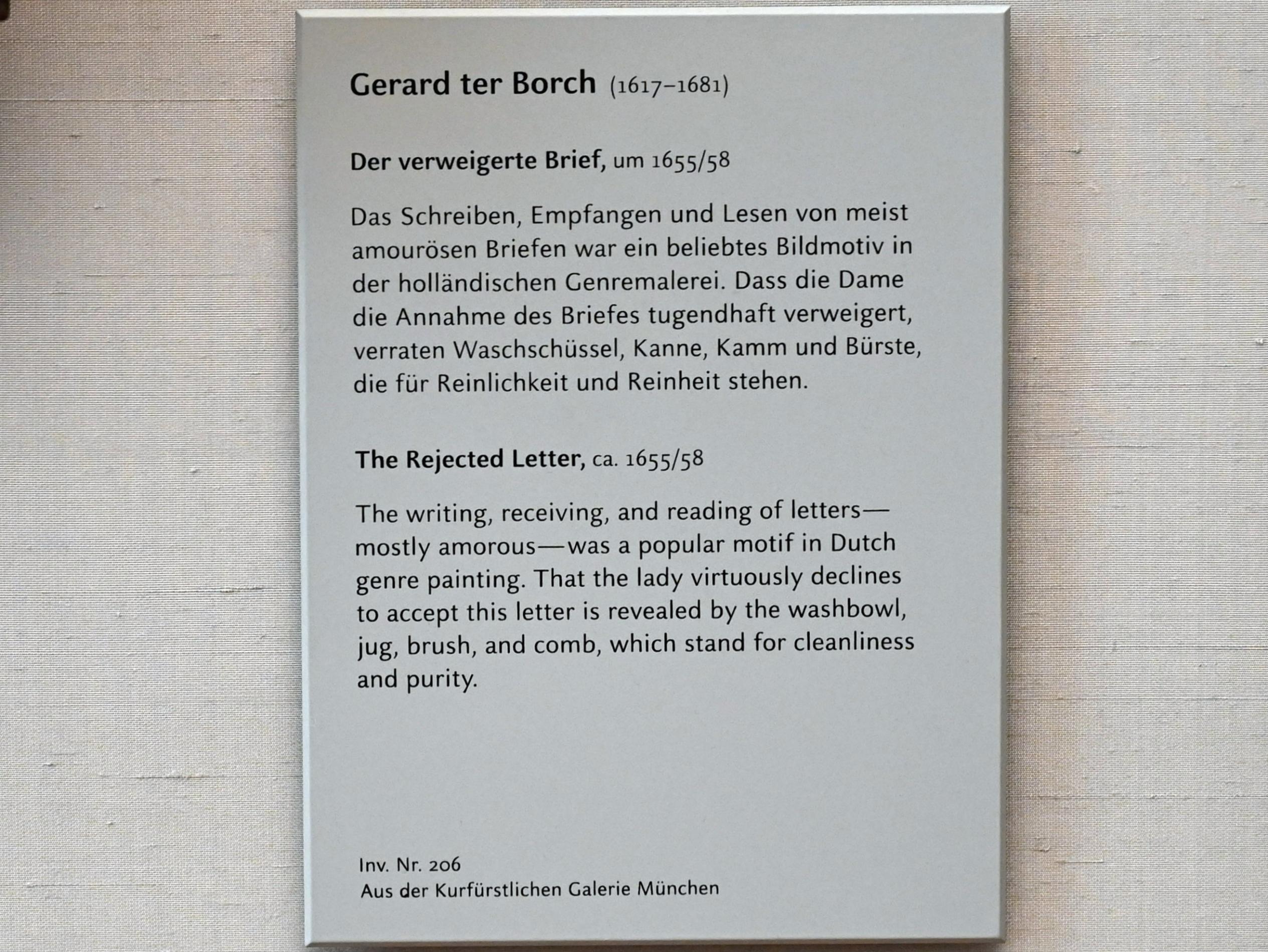 Gerard ter Borch (1635–1675), Der verweigerte Brief, München, Alte Pinakothek, Obergeschoss Kabinett 19, um 1655–1658, Bild 2/2